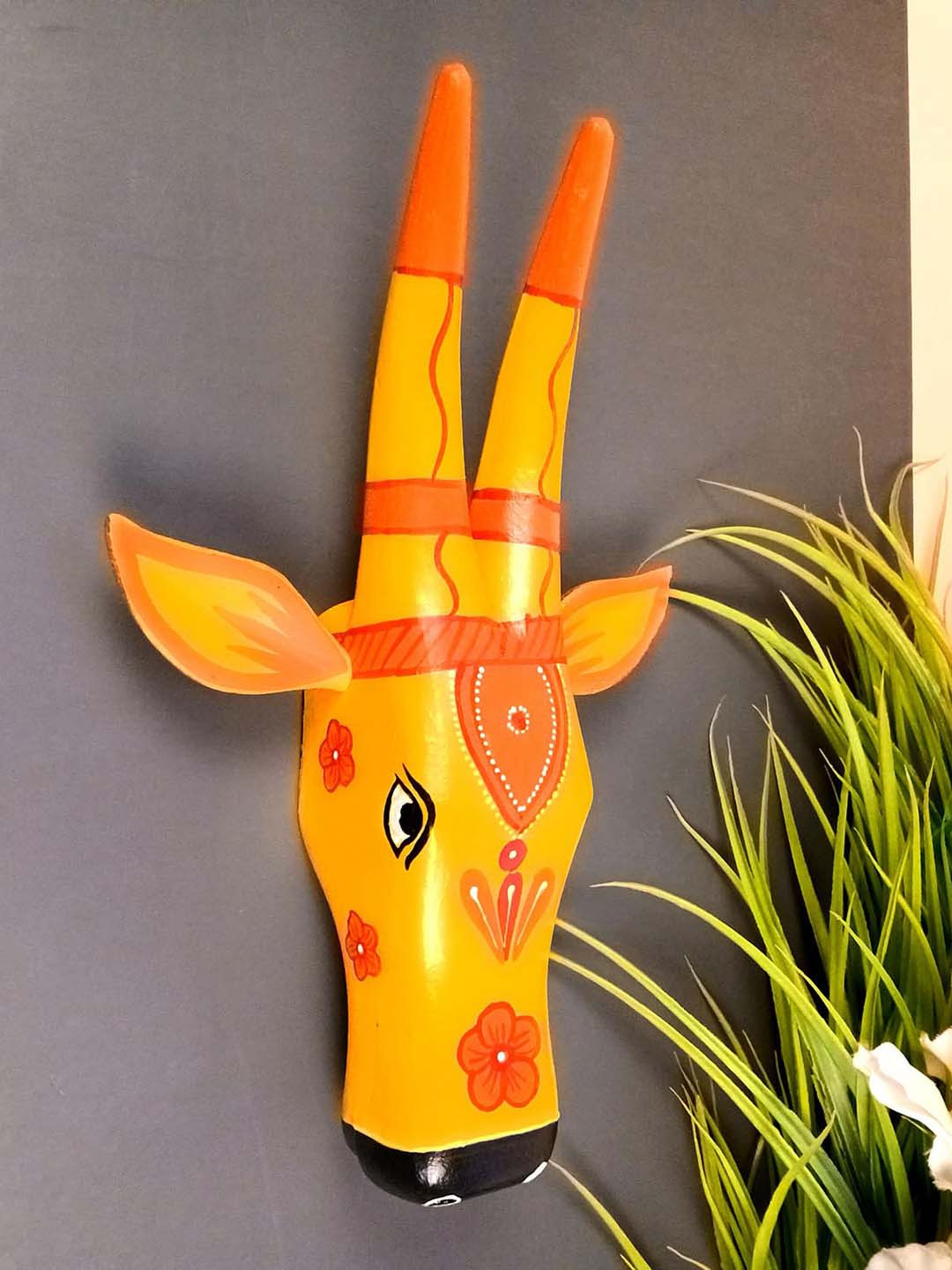 apka mart Yellow & Red Printed Nandi Bull Cow Head Hanging Wooden Wall Decor