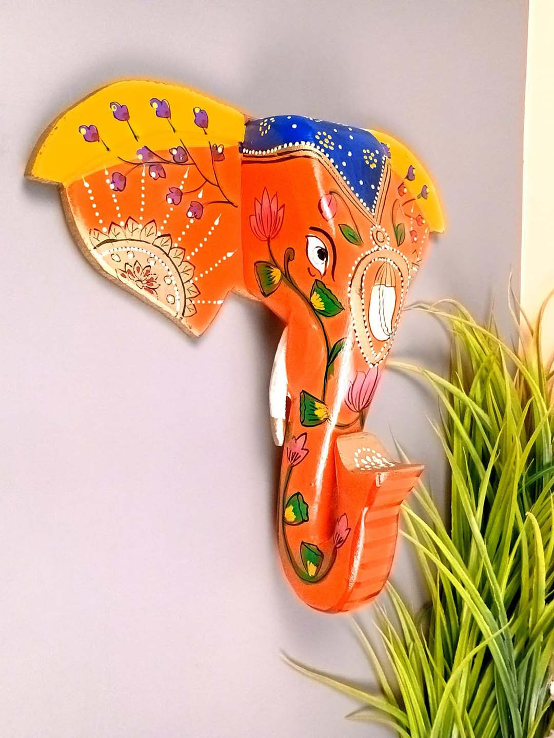 apka mart Elephant Face Wood Ethnic Motifs Glossy Hanging Hall Wall Masks-11In