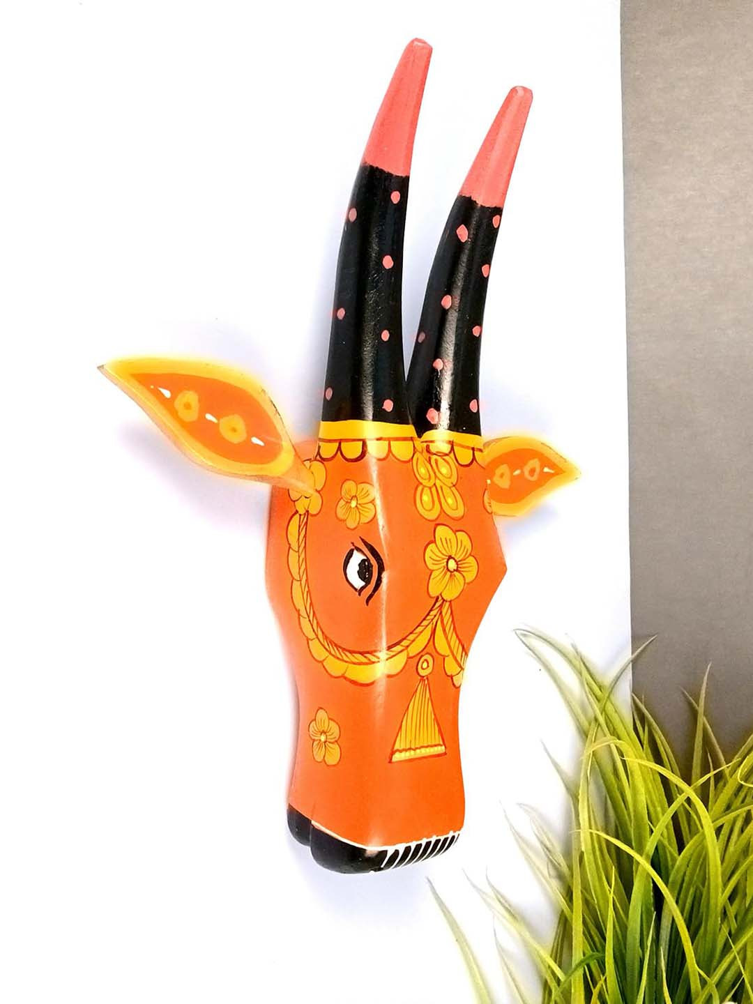 apka mart Nandi Bull Head Wood Floral Glossy Hanging Hall Wall Masks-12.6In
