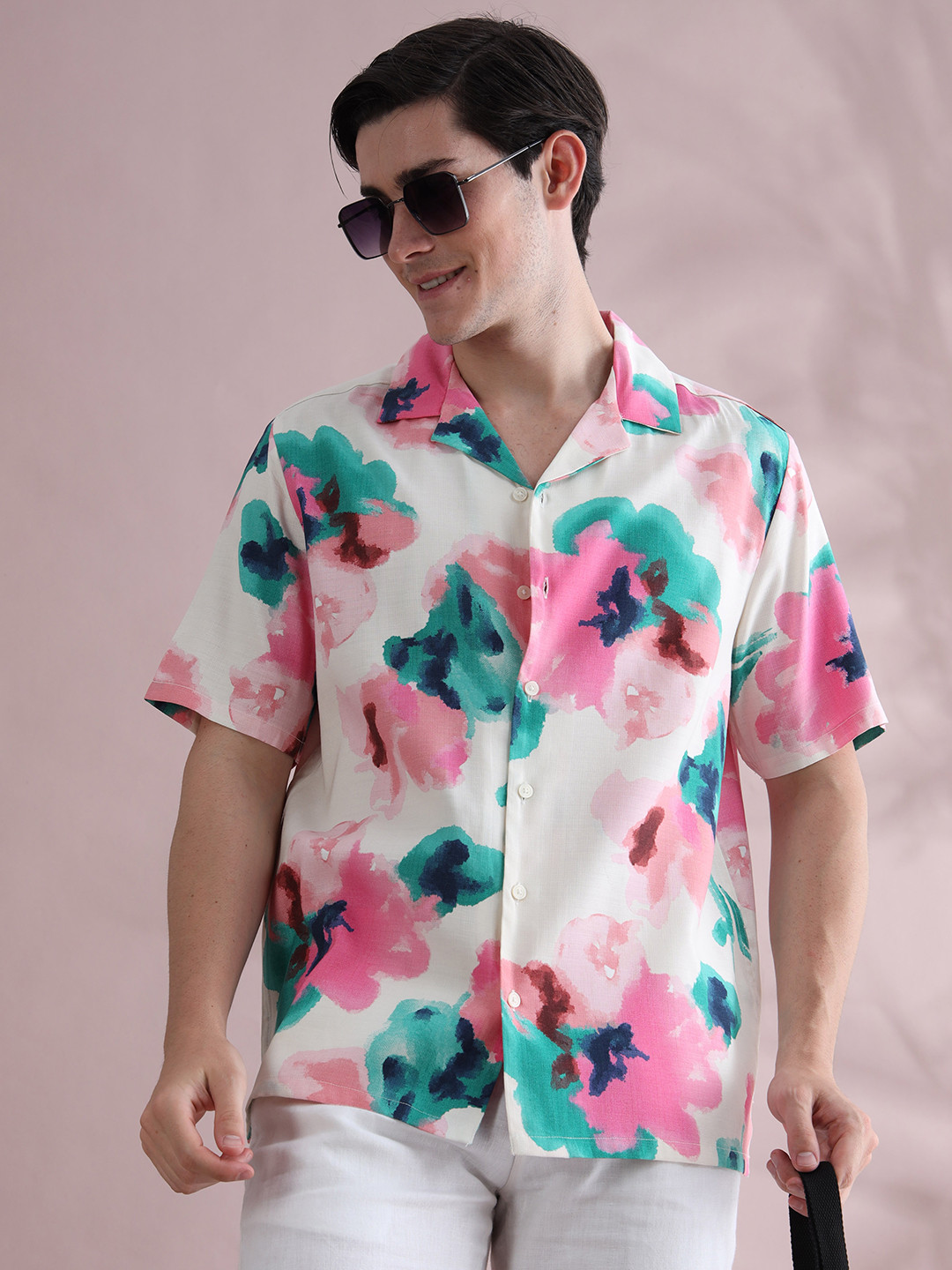 StitchX Men Faded Printed Cuban Collar Casual Shirt