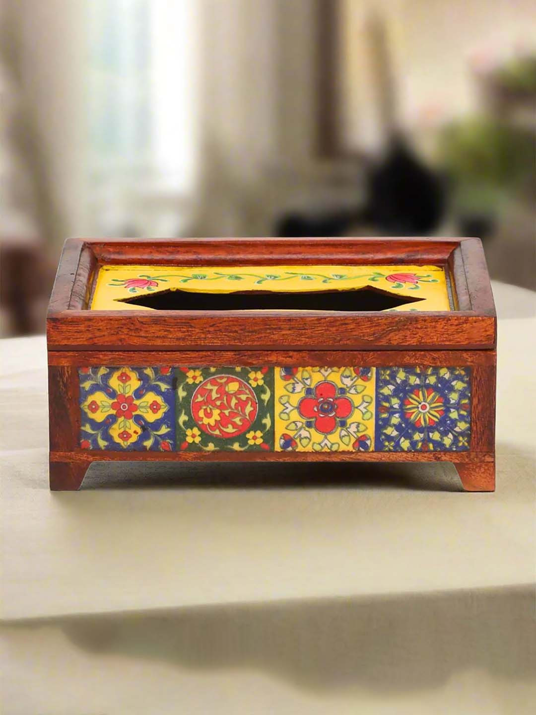 apka mart Brown Wooden Tissue Holders With Ceramic Tiles