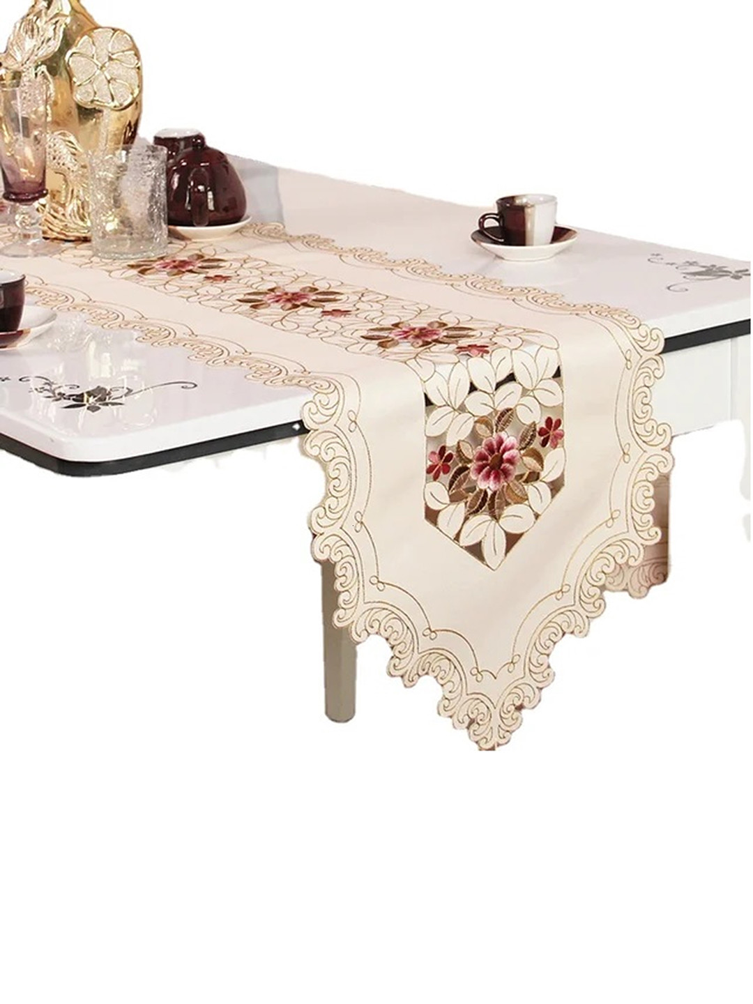 MONKDECOR Beige & Green Floral Embroidered With Cut-Work Table Runner
