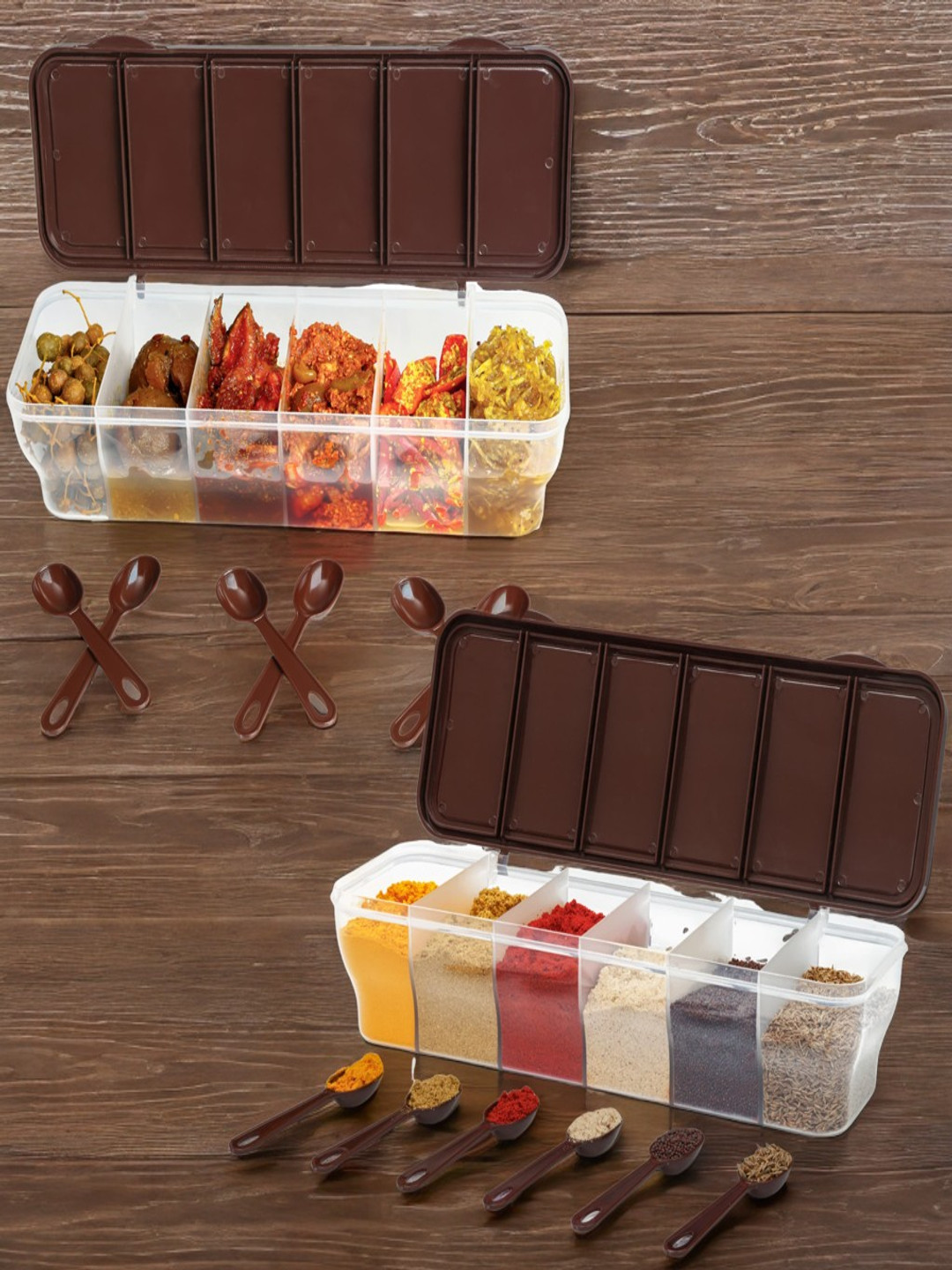 Metrolife 6 in 1 Masala Box Container Set Brown Plastic Easy To Clean 2 Piece Flip Top Canister-1.5L