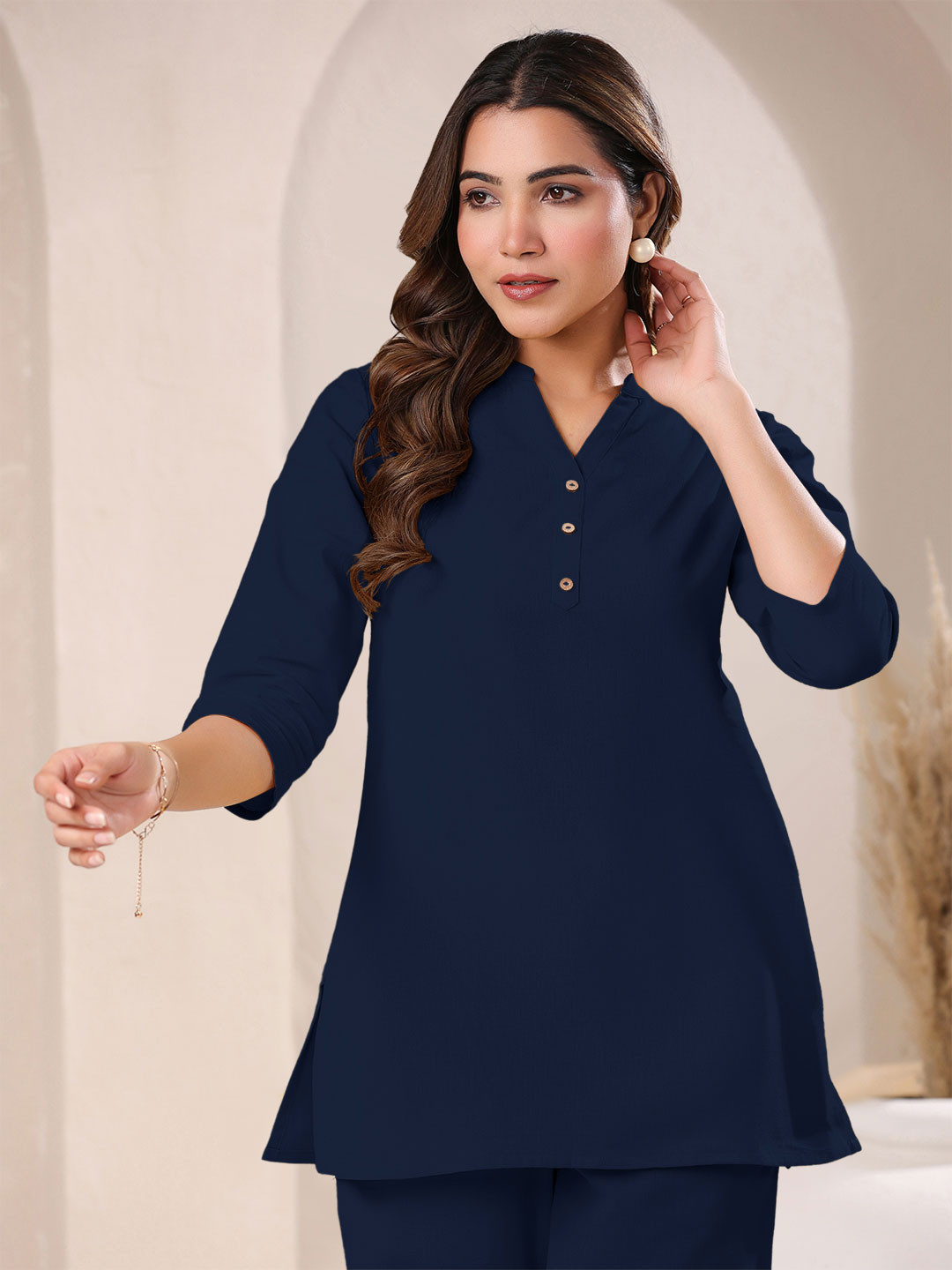 Janasya Women's Navy Blue Linen Cotton Solid A-line Top