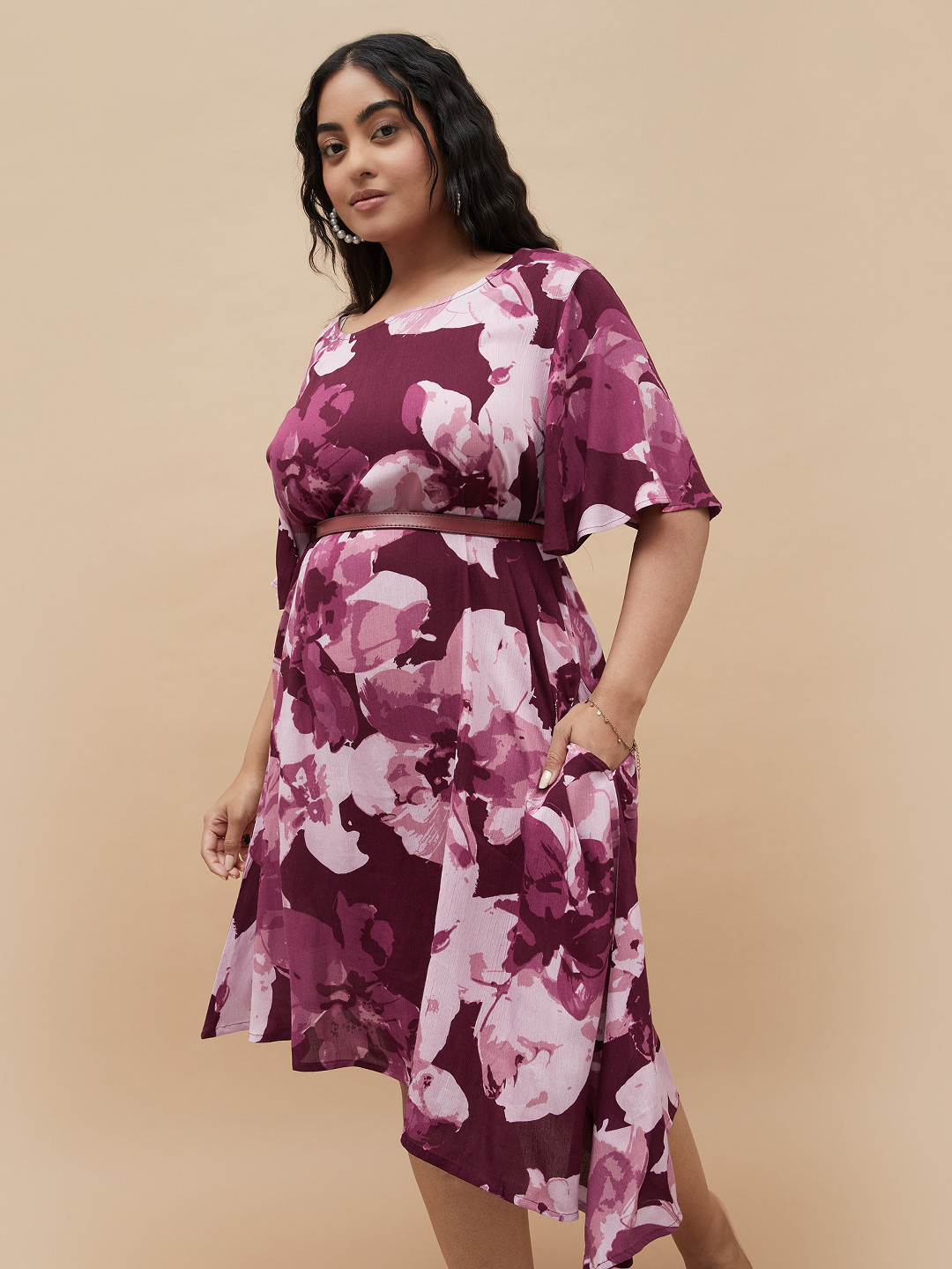 Nexus by Lifestyle Floral Print Flared Sleeve A-Line Plus Size Dress