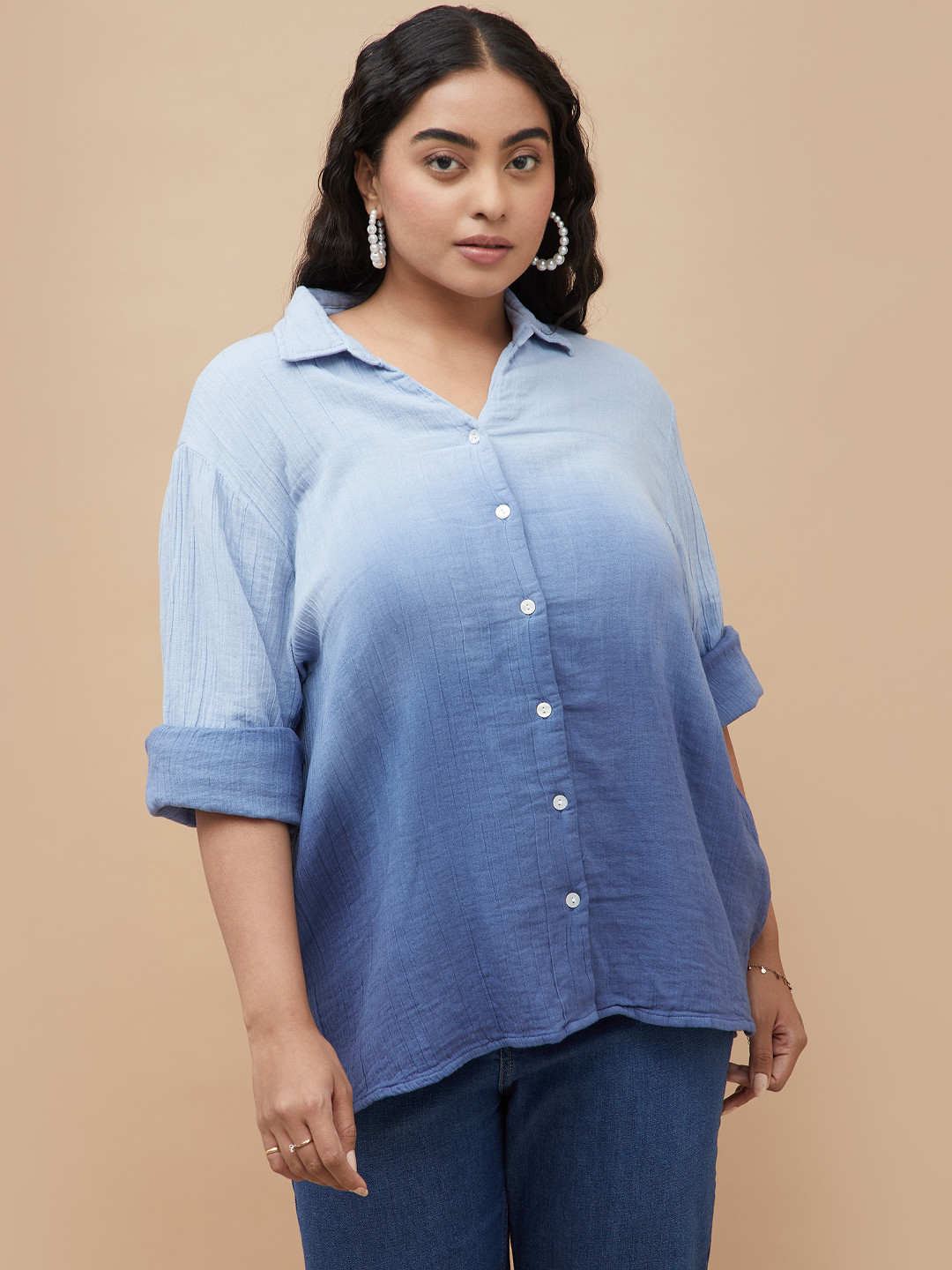 Nexus by Lifestyle Women Blue Ombre Cotton Plus Size Top