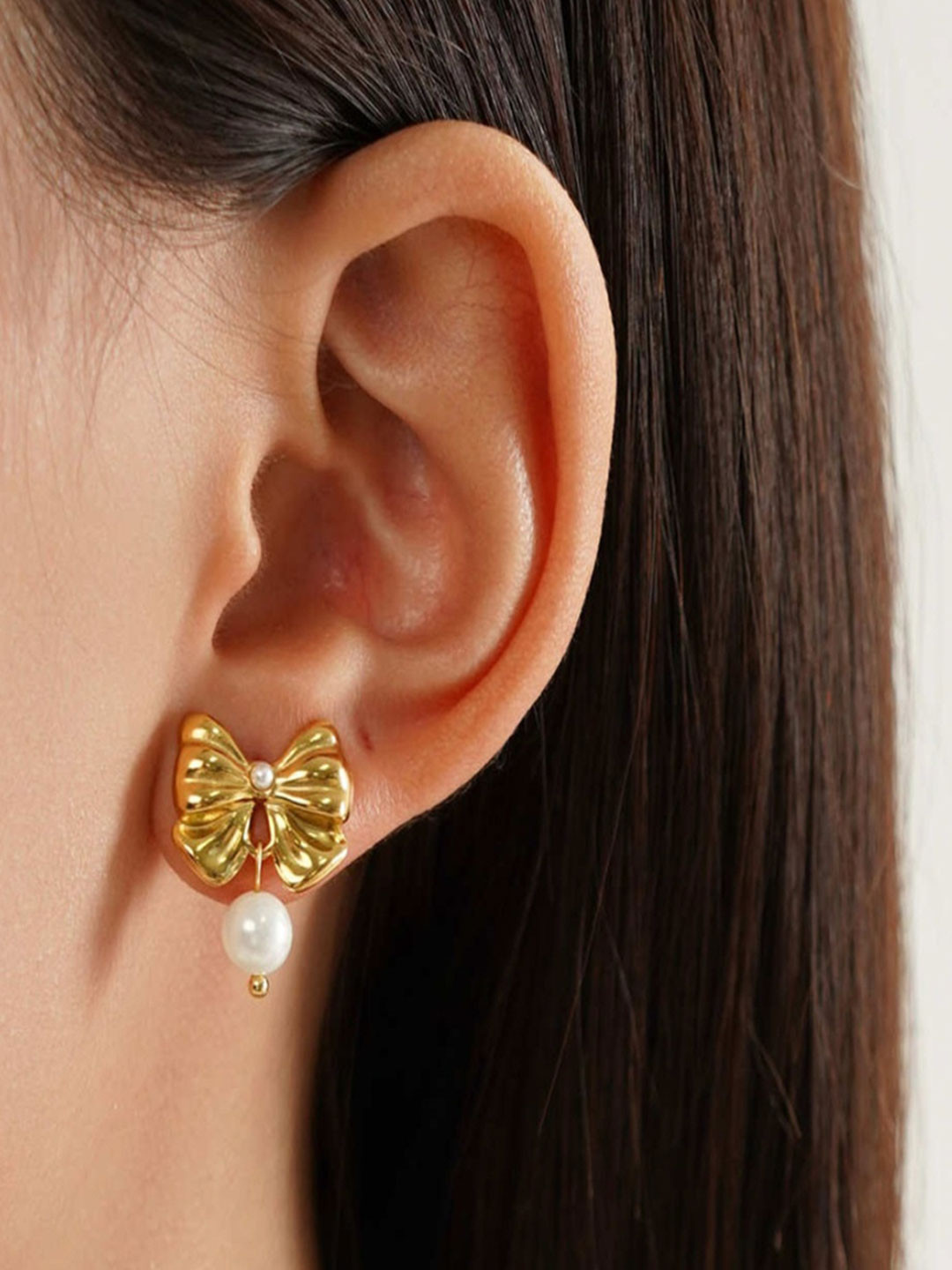 AQUASTREET 18K Gold Plated Waterproof Anti-Tarnish Bow With Pearl Drop Stud Earrings