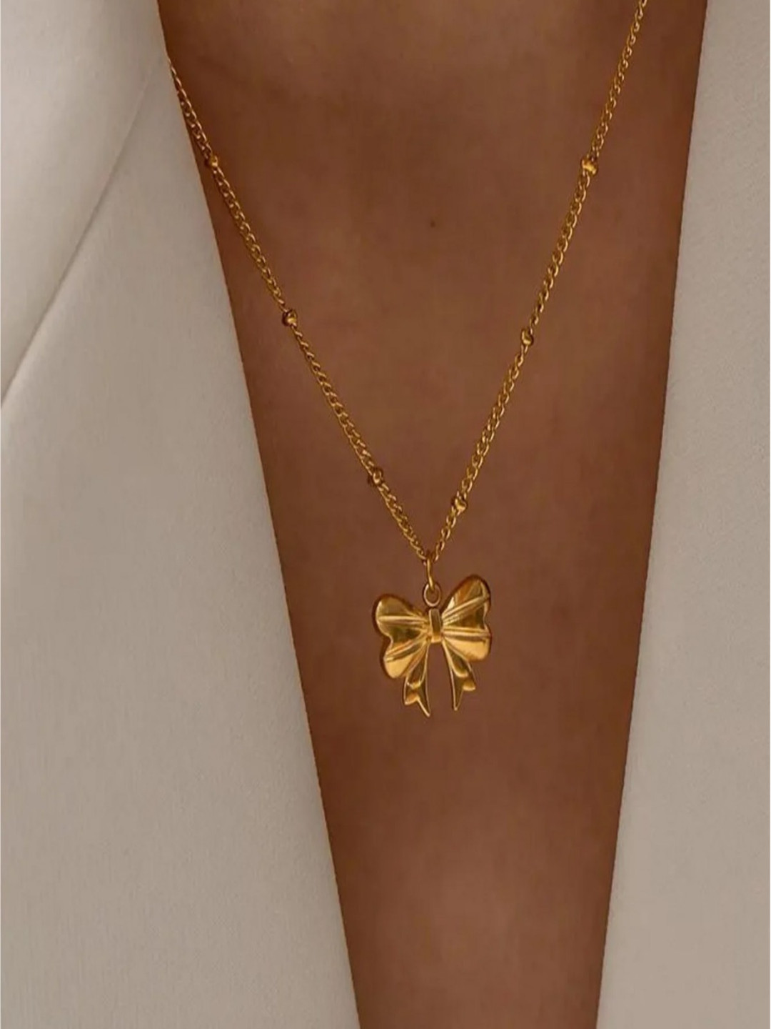 AQUASTREET 18K Gold Plated Waterproof Anti-Tarnish Ribbon Bow Pendant Dotted Necklace