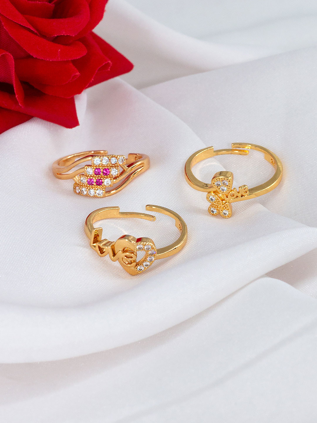 PRIVIU Set Of 3 Gold-Plated American Diamond Stone-Studded Adjustable Finger Ring
