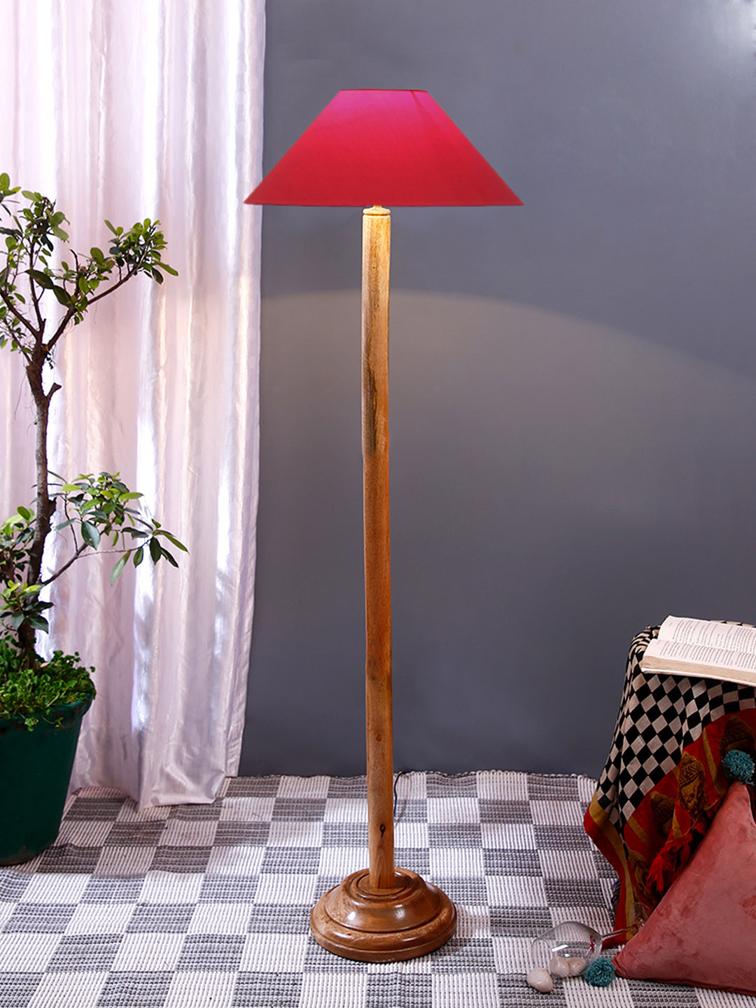 Devansh Red & Brown Frustum Shaped Cotton Coolie Shade Wood Base Floor Lamp