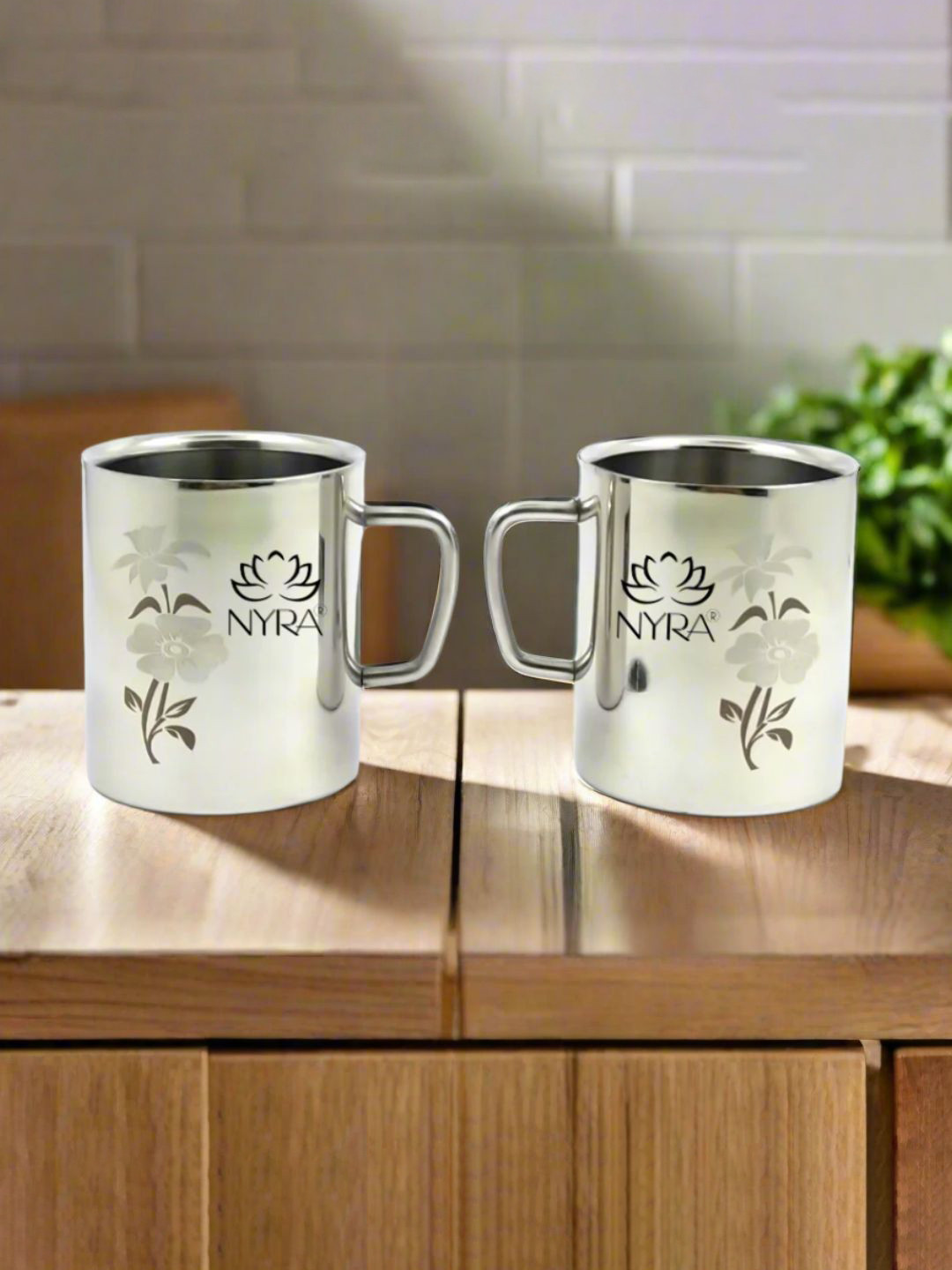 Nyra Kitchenware New Variant 5 Steel Floral Stainless Steel Handmade 2 Piece Mugs-270ml