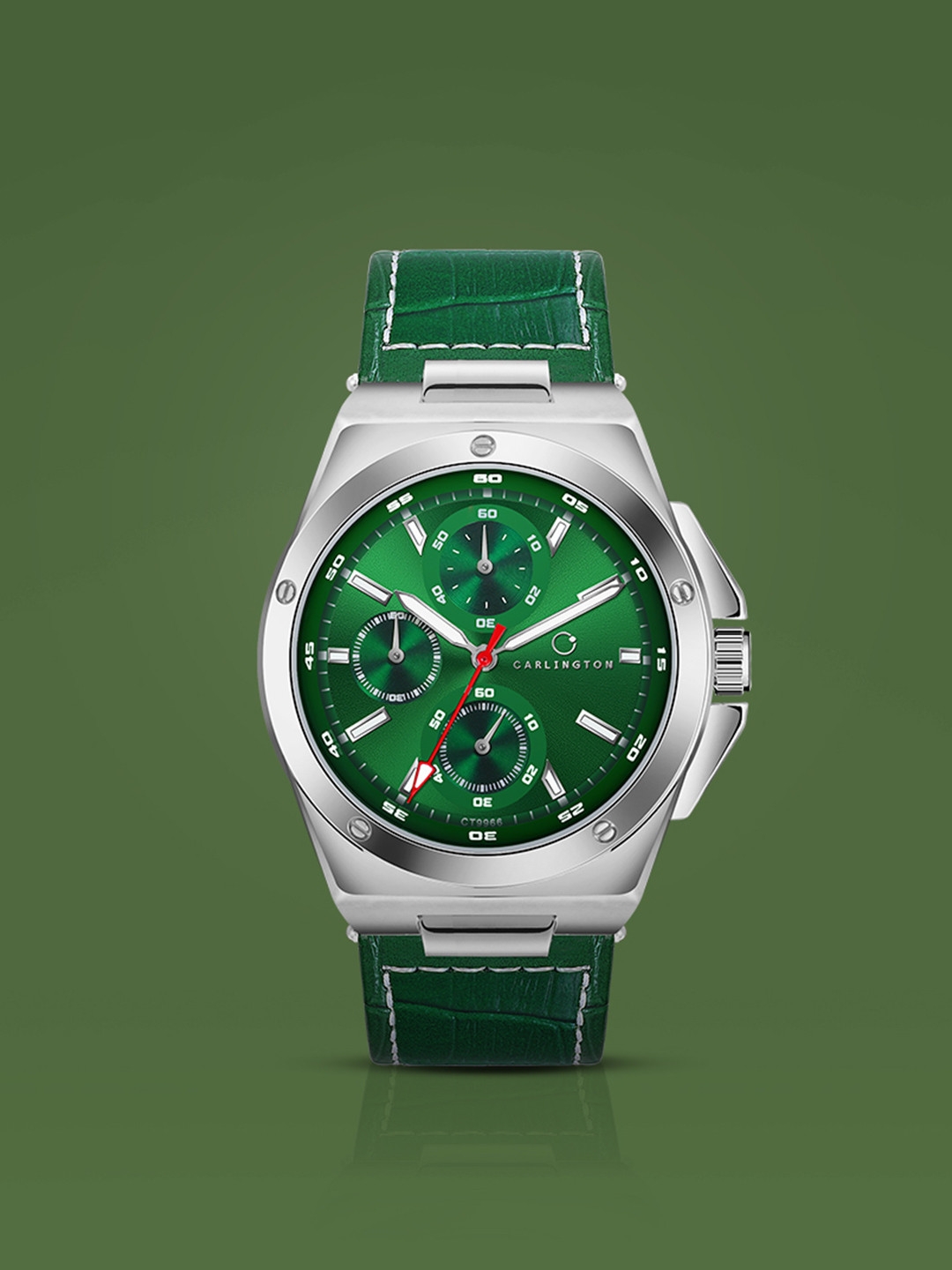 CARLINGTON Men Dial & Leather Straps Analogue Multi Function Watch Legacy 9966 Silver Green