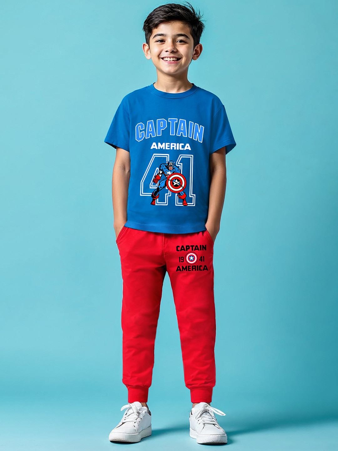Marvel by Miss and Chief Boys Captain America Printed Round Neck T-Shirt With Jogger