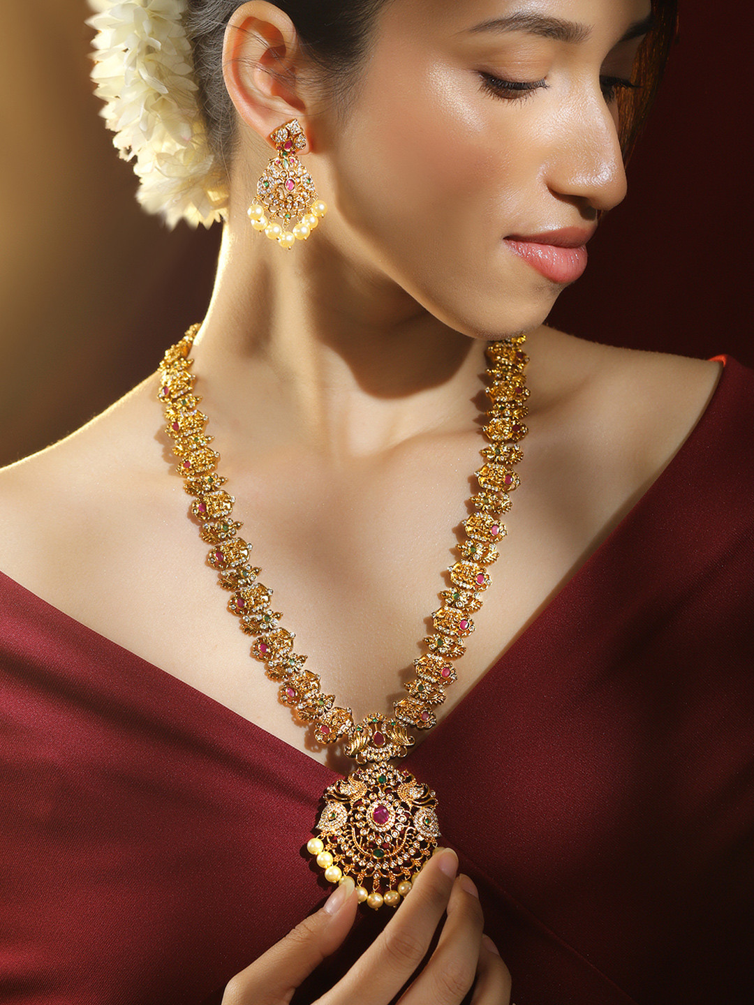 Rubans 24K Gold-Plated Ruby, Emerald, CZ & Pearl Bead Long Lakshmi Temple Jewelry Set