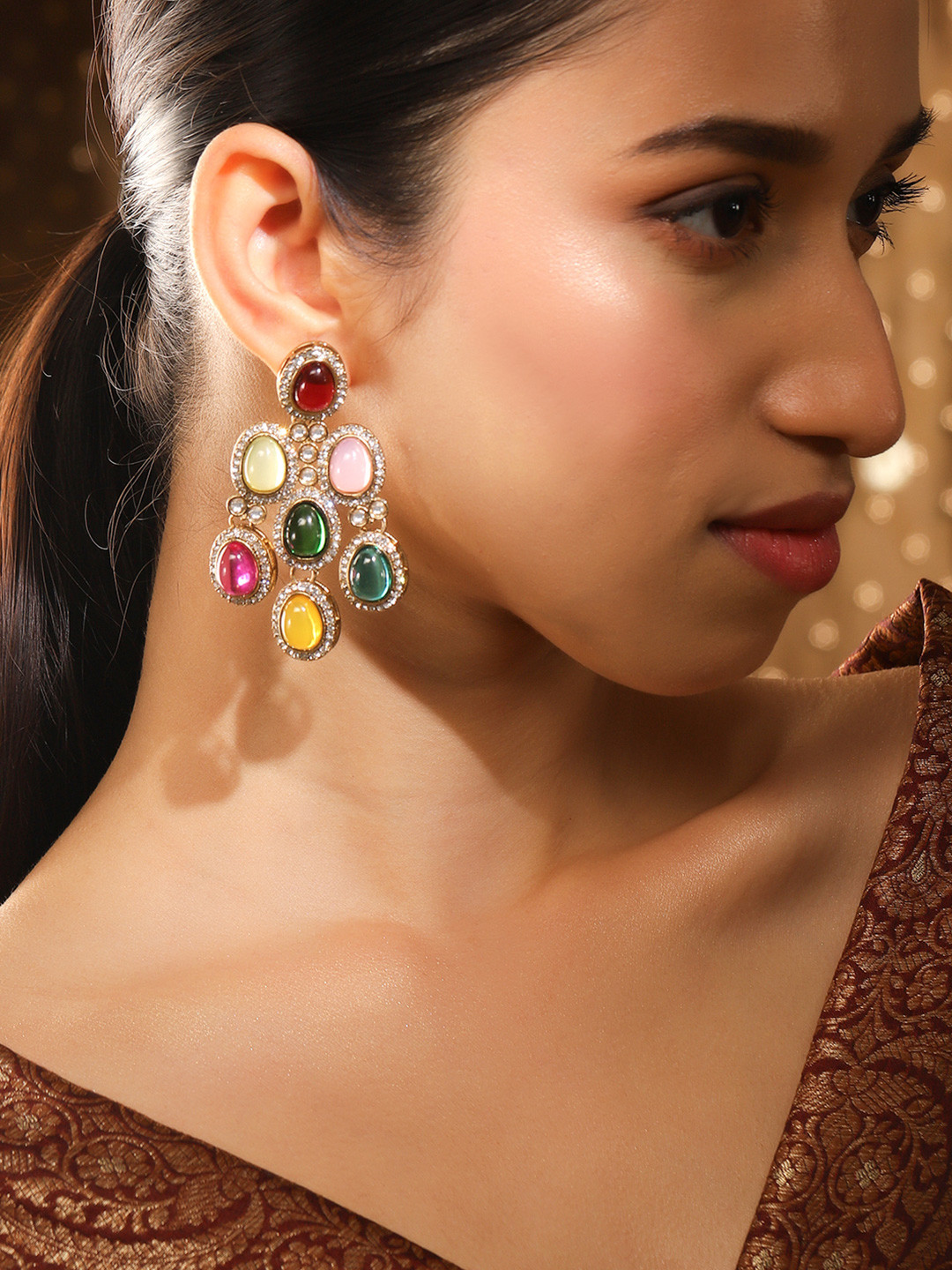 Rubans 22K Gold-Plated Multicolor Oval Stone & Cubic Zirconia Studded Chandelier Earrings