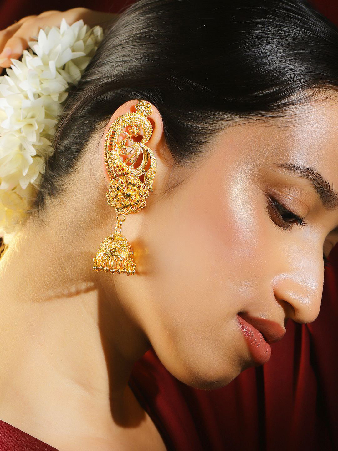 Rubans 18K Gold-Plated Peacock Design Full Ear-Coverage Filigree Jhumka Earrings