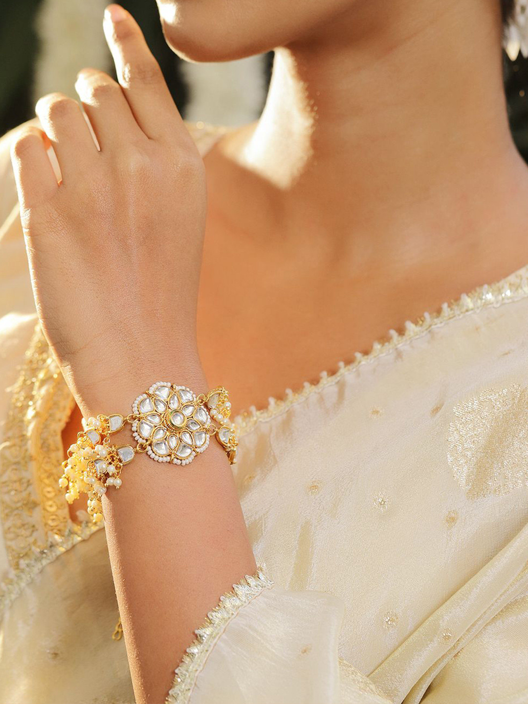 Rubans 22K Gold Plated White Kundan & Ivory Pearl Beaded Flora Bracelet