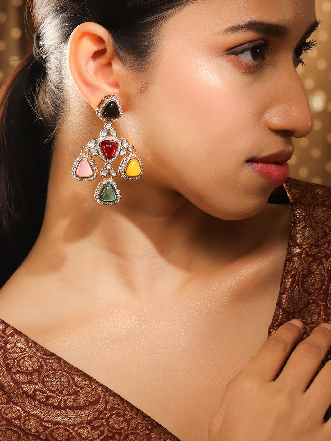 Rubans 22K Gold Plated Multicolor Triangle Cubic Zirconia Studded Chandelier Earrings