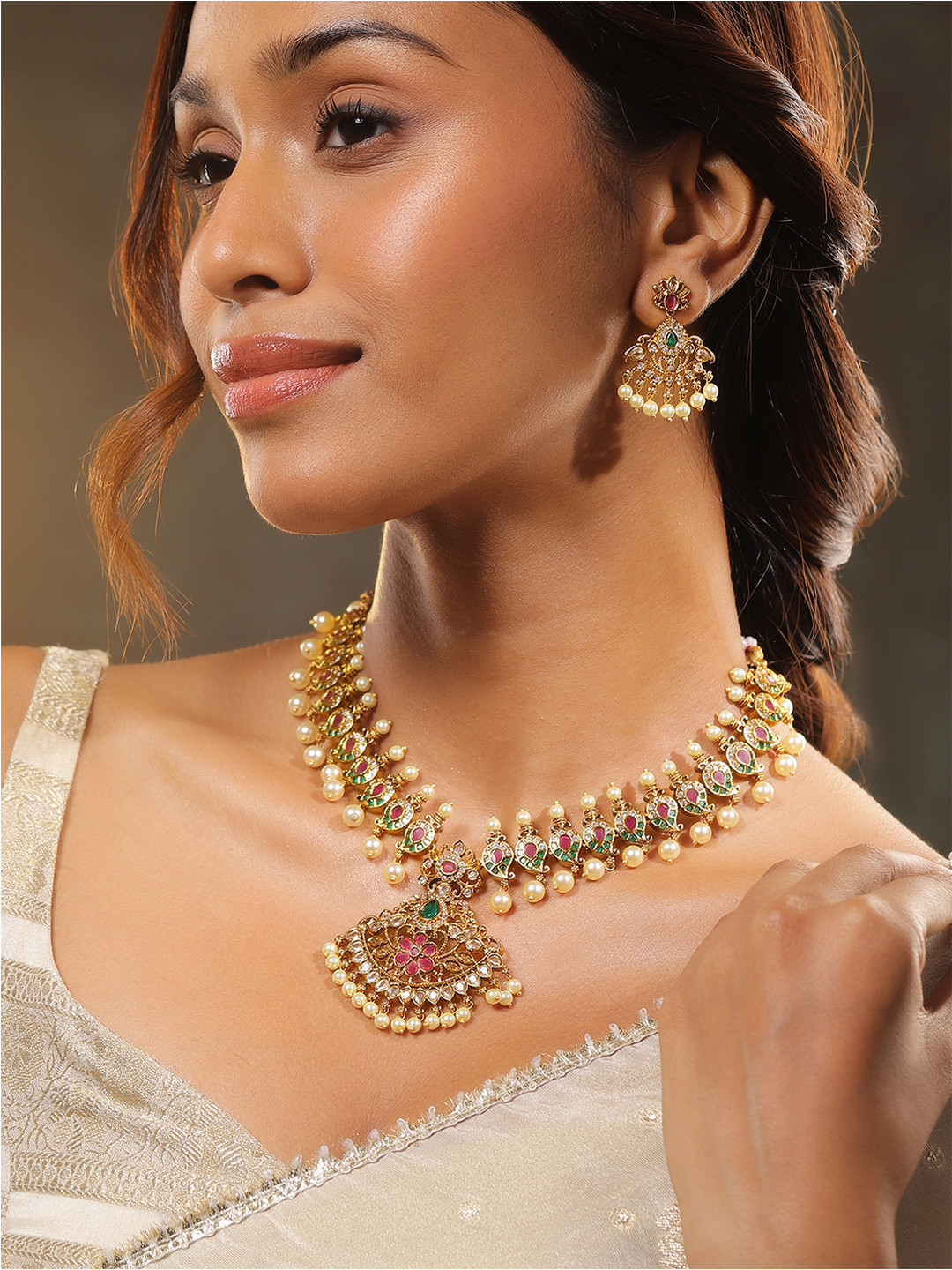 Rubans 24K Gold-Plated Ruby Pink Emerald White CZ & Pearl Beaded Temple Jewlery Set