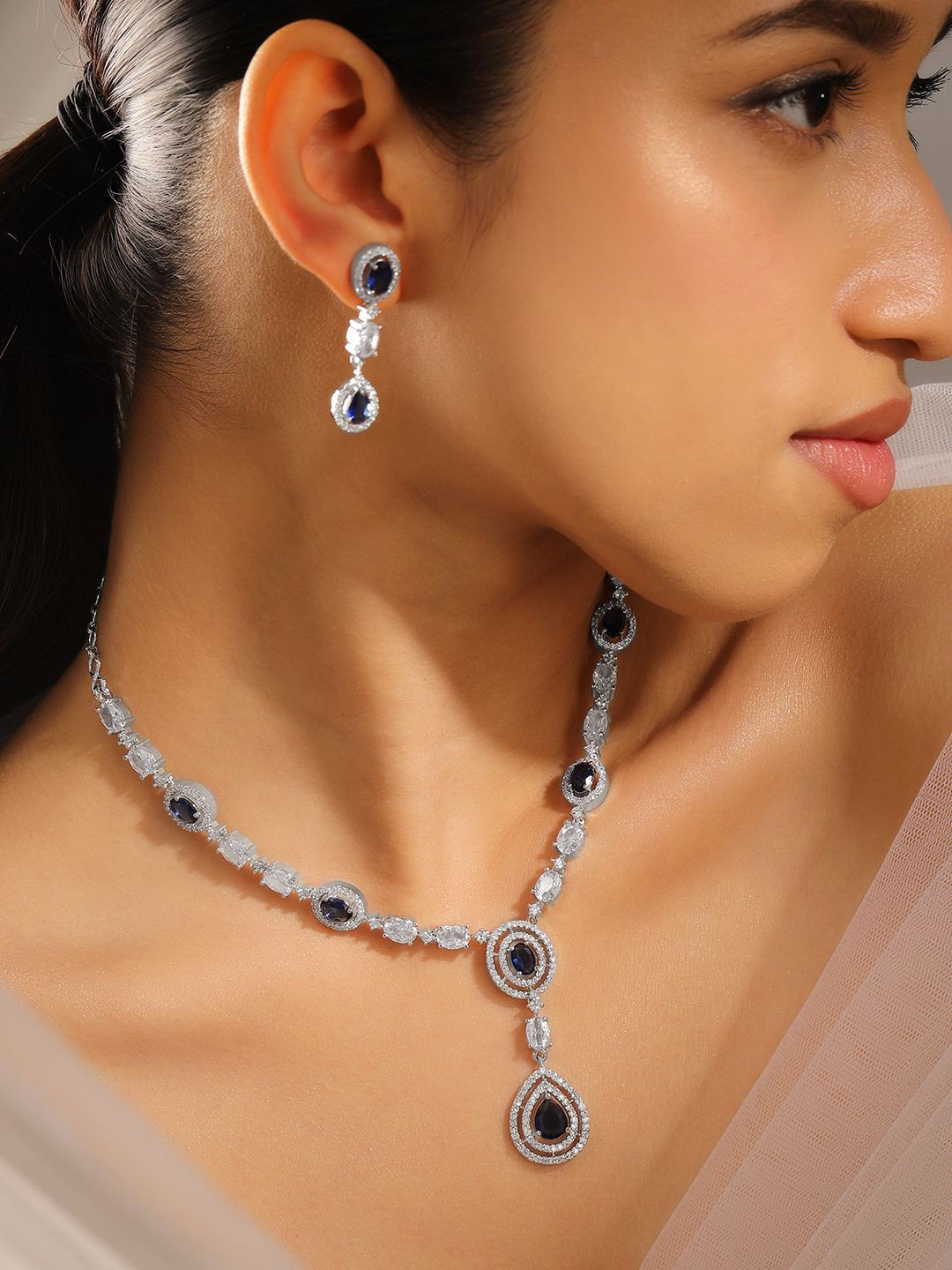 Rubans Rhodium-Plated Blue Sapphire & AAA Cubic Zirconia Luxe Necklace Set in Silver Tone
