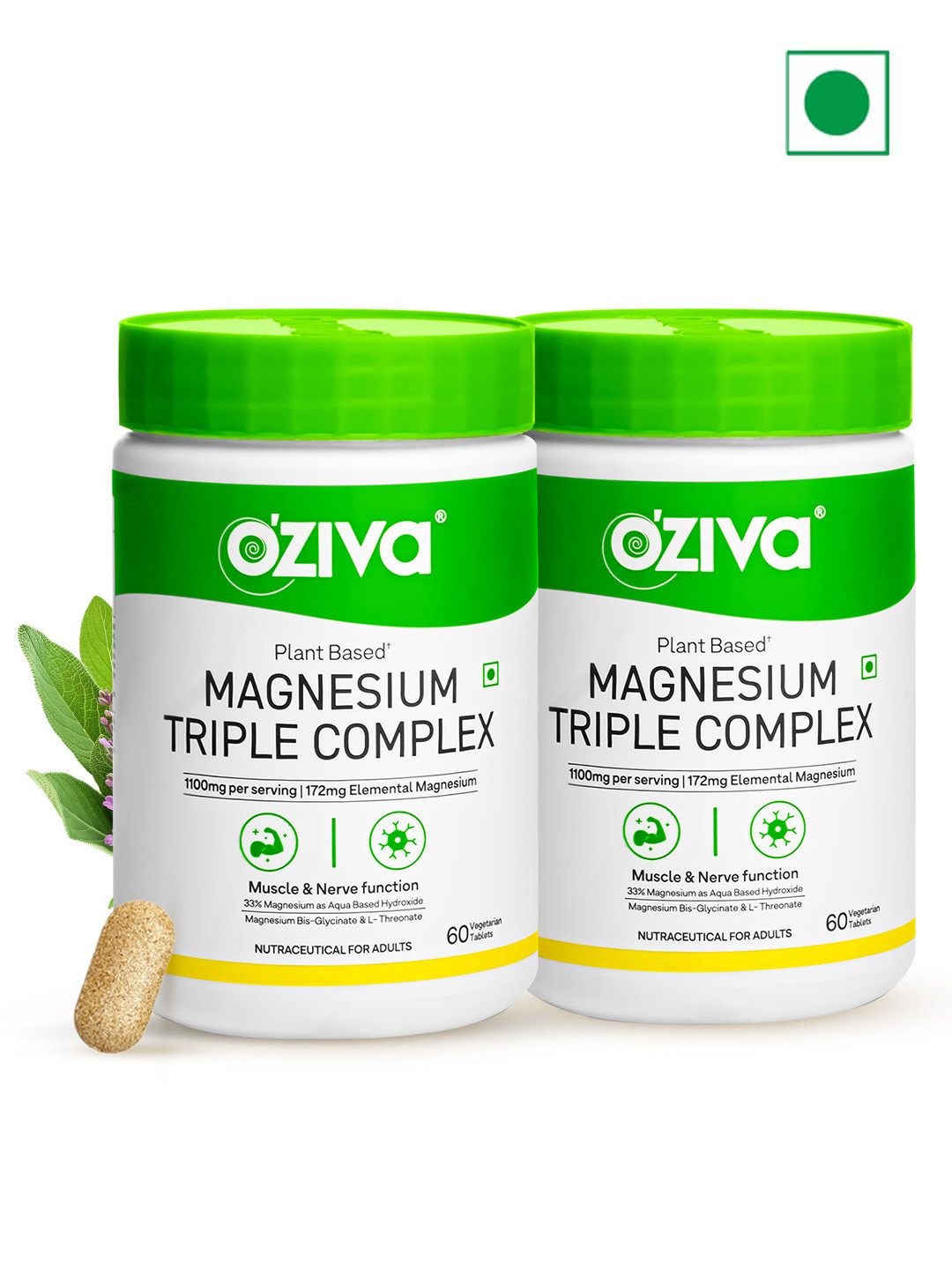 OZiva Set of 2 Magnesium Triple Complex for Muscle & Nerve Function - 60 Tablets Each
