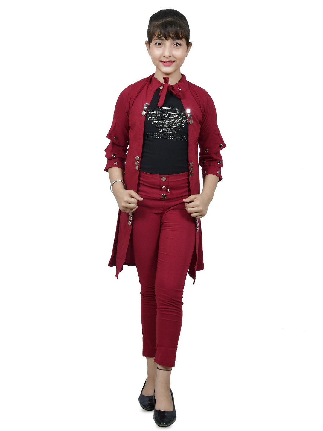 MYKUKI Girls Mandarin Collar Shrug With Trouser & Inner-Top