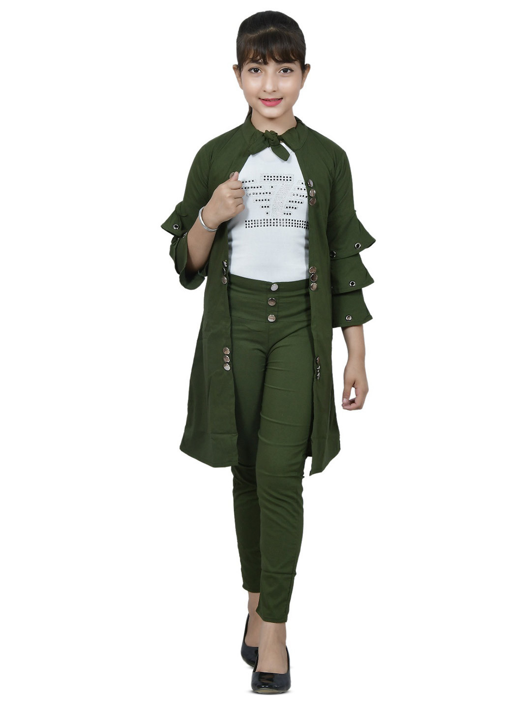 MYKUKI Girls Mandarin Collar Shrug With Trouser & Inner-Top