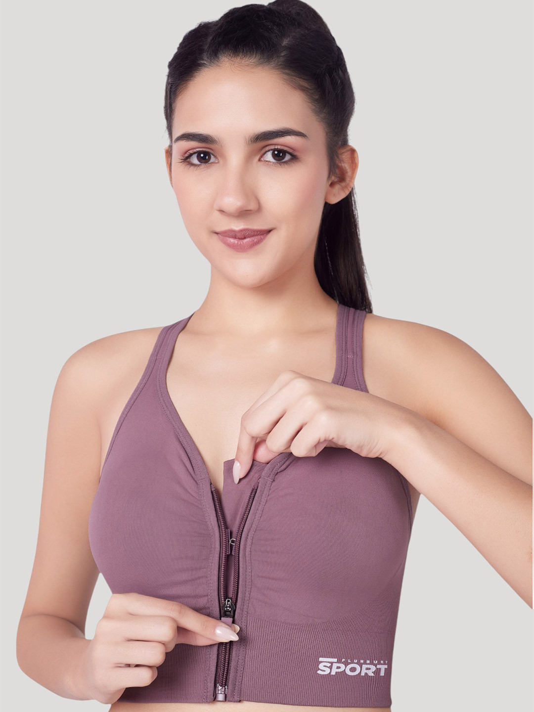 PLUMBURY Women Full Coverage Front Zip Lightly Padded Rapid Dry Workout Sports Bra
