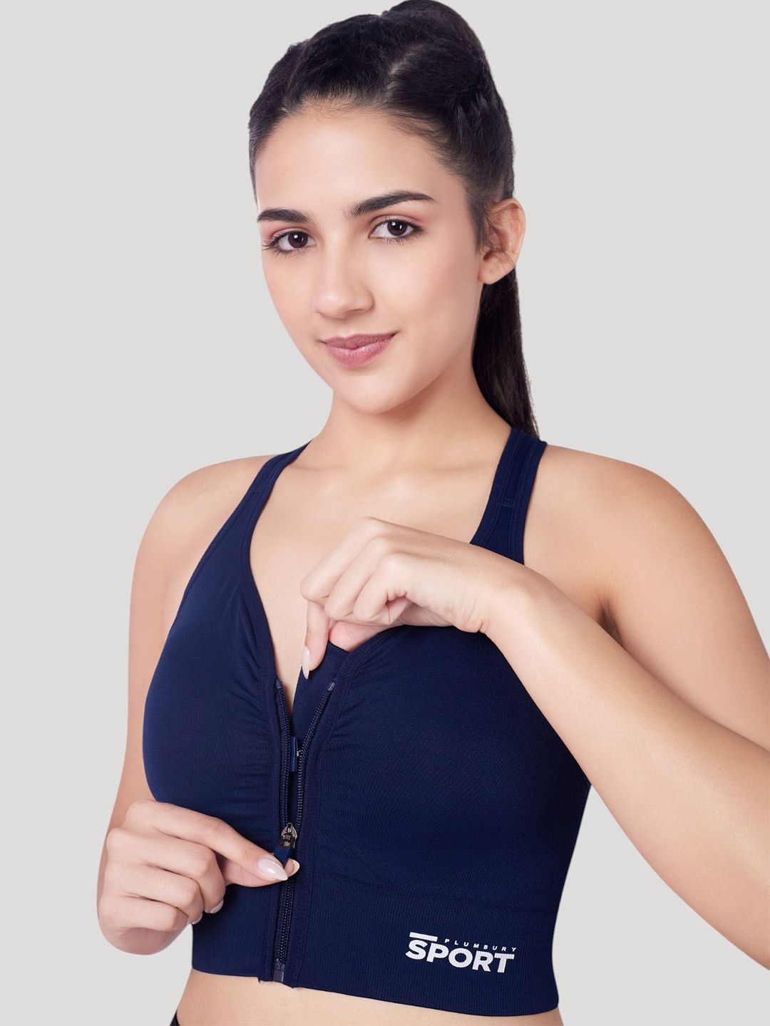 PLUMBURY Full Coverage Front Zip Lightly Padded Rapid Dry Workout Sports Bra
