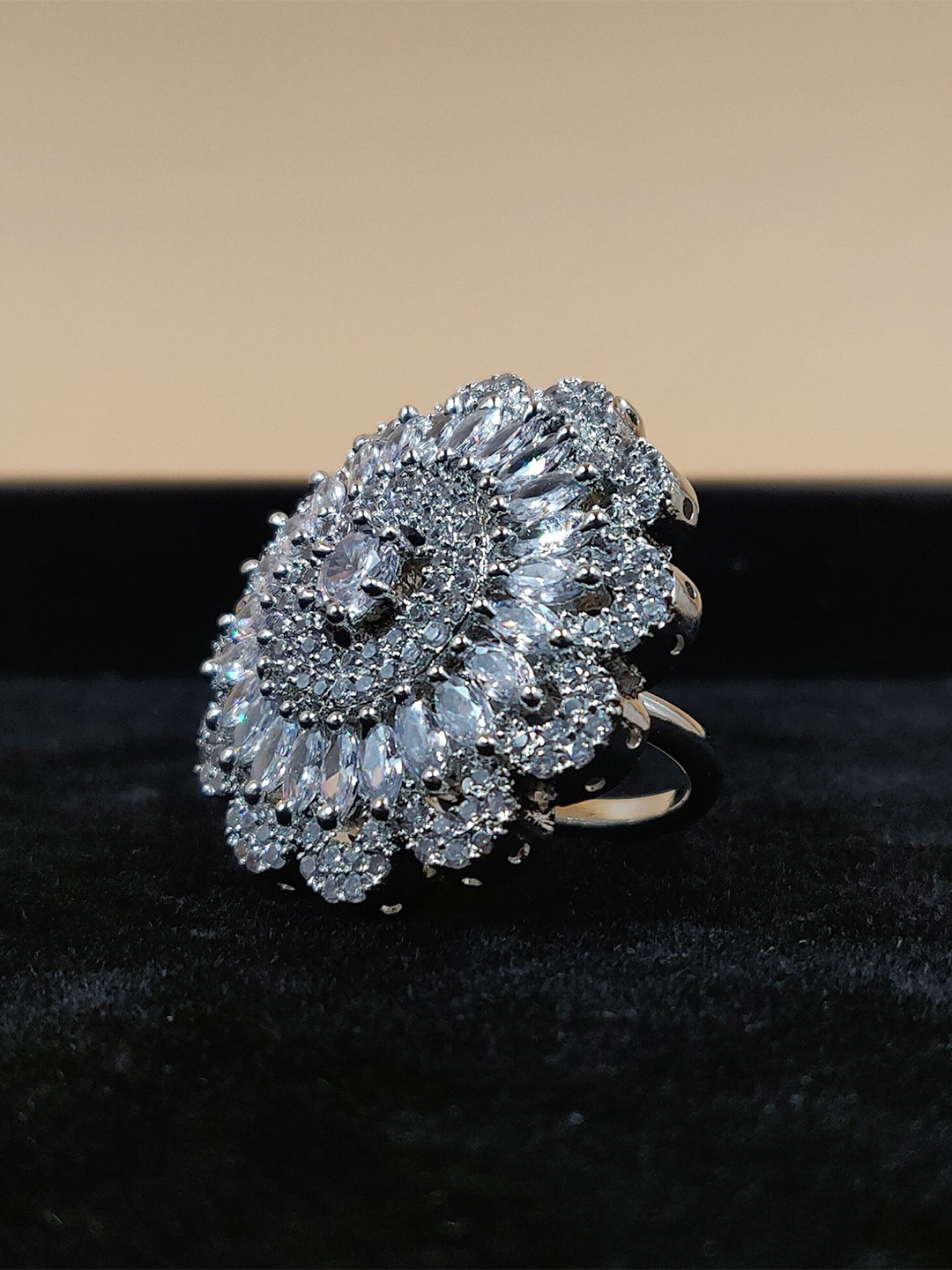 JYONA Gorgeous Silver Plated American Diamond-Studded Adjustable Finger Ring