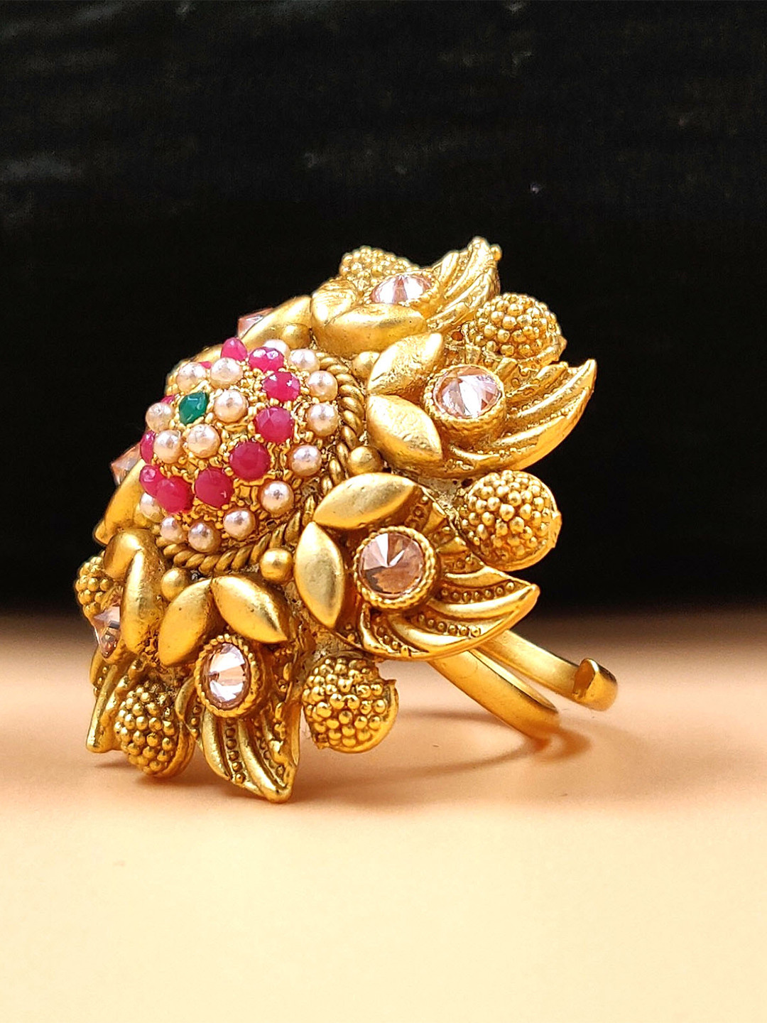 JYONA Gold-Plated Artificial Stone-Studded Rajwadi Look Adjustable Finger Ring