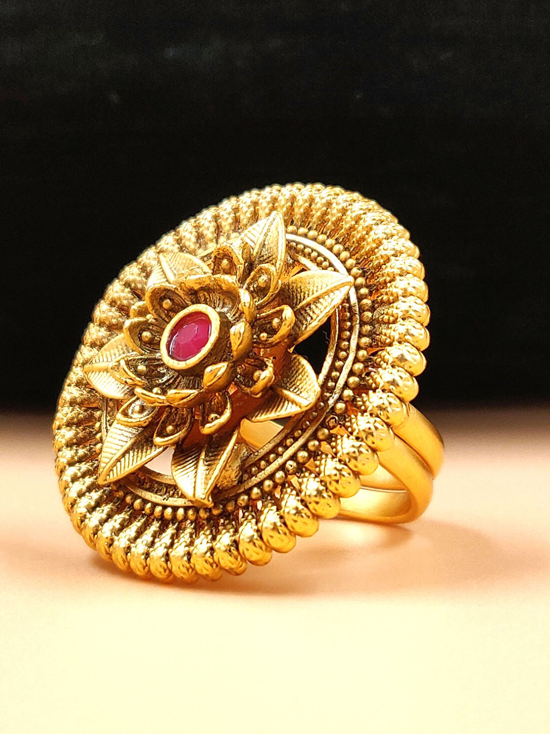 JYONA Gold-Plated Artificial Stone-Studded Rajwadi Look Adjustable Finger Ring