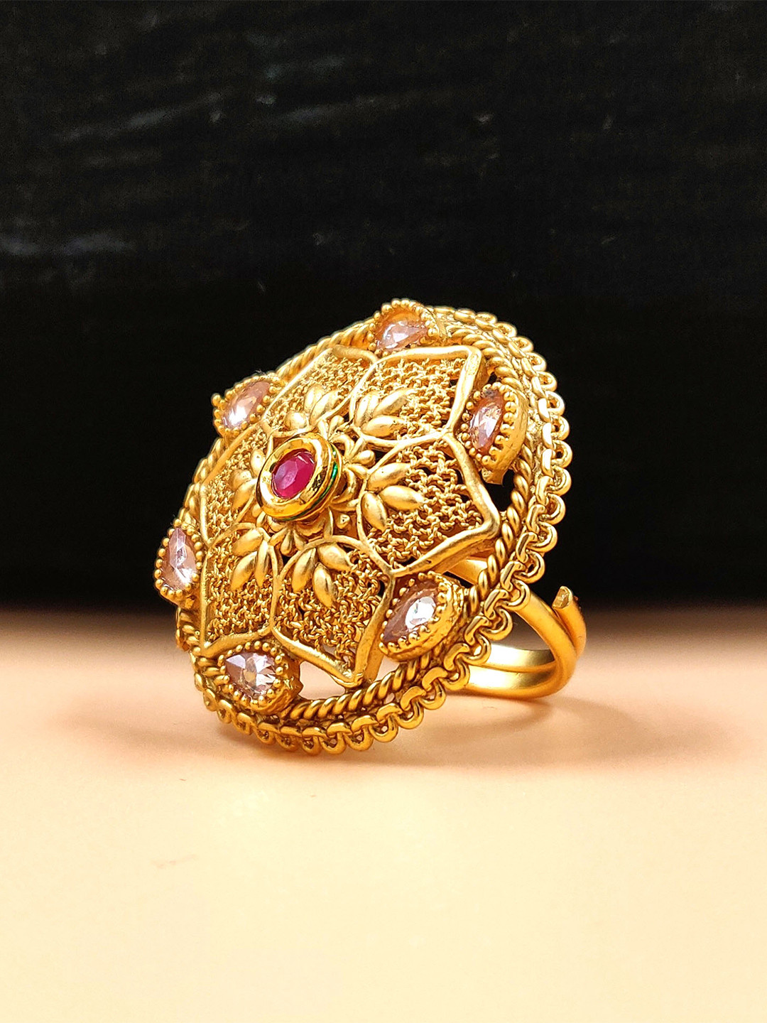 JYONA Gold-Plated Stone-Studded Adjustable Finger Ring