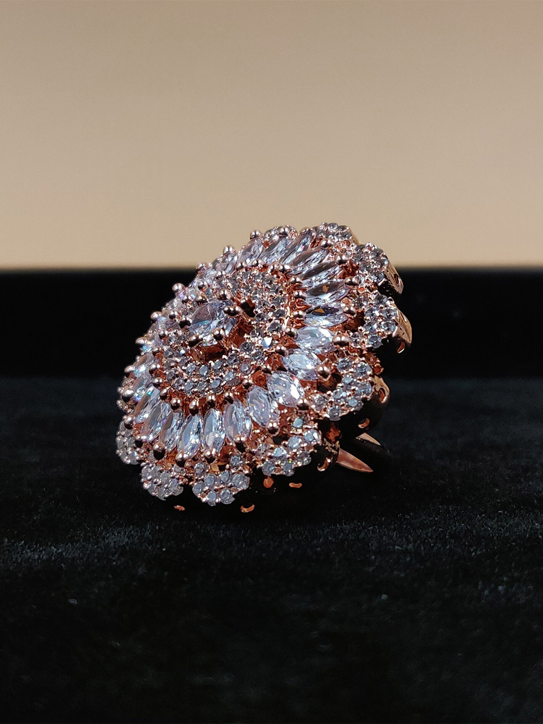 JYONA Gorgeous Rose Gold Plated American Diamond-Studded Gorgeous Adjustable Finger Ring
