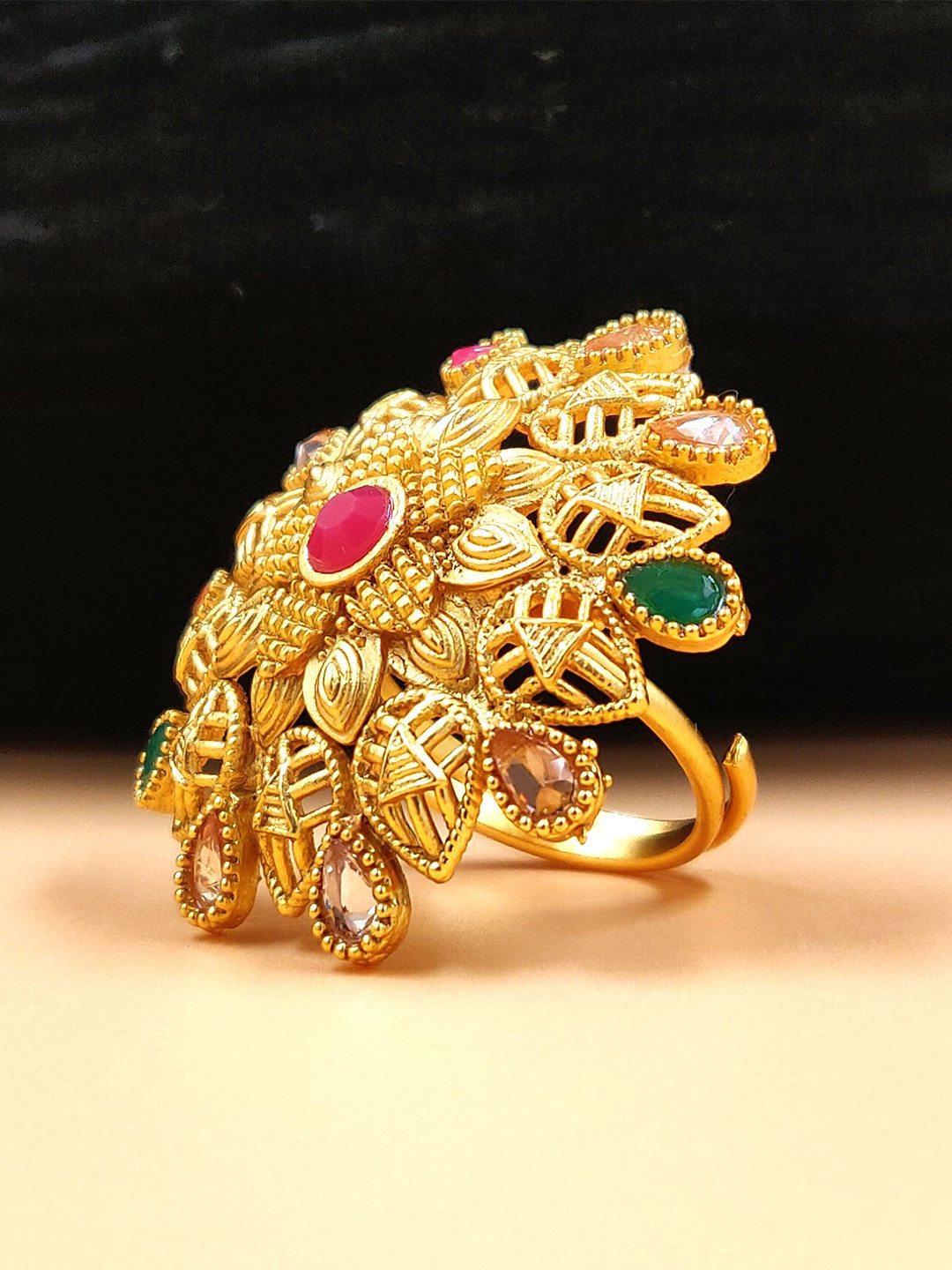 JYONA Gold Plated Artificial Stone Studded Rajwadi Look Adjustable Finger Ring