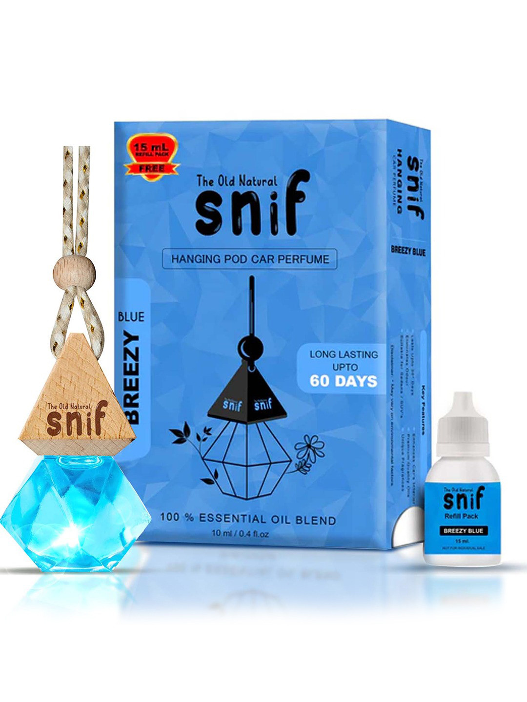 The Old Natural Snif Diamond Breezy Blue Hanging Car Air Freshener-10ml+15ml