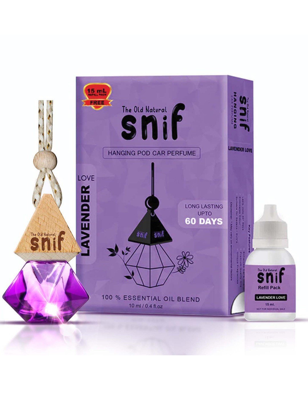 The Old Natural Snif Diamond Lavender Love Hanging Car Air Freshener & Refill -10ml+15ml
