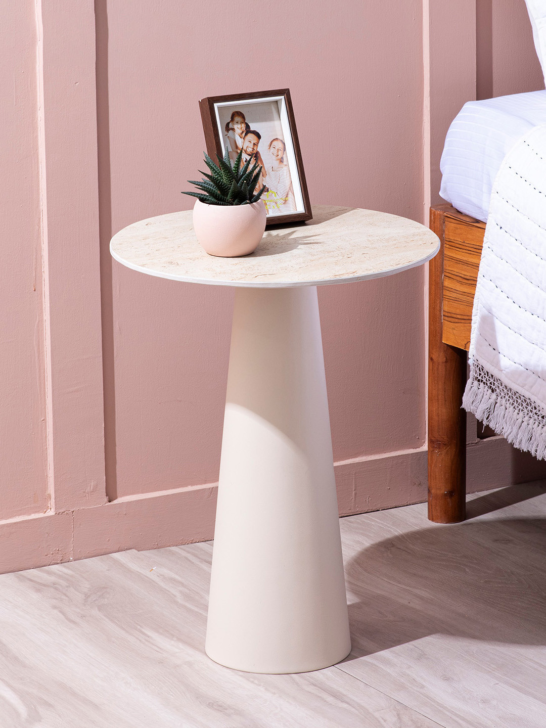 nestroots Beige Coloured Round Shape Metal Bed Side Coffee Table