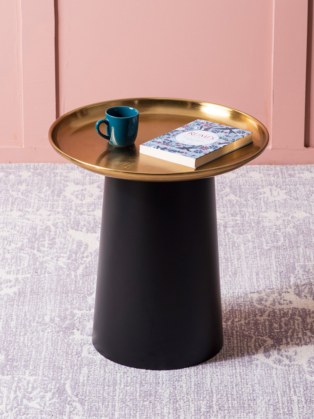 nestroots Lustrous Linea Brown & Gold Toned Metal Round Bed-Side Coffee Table