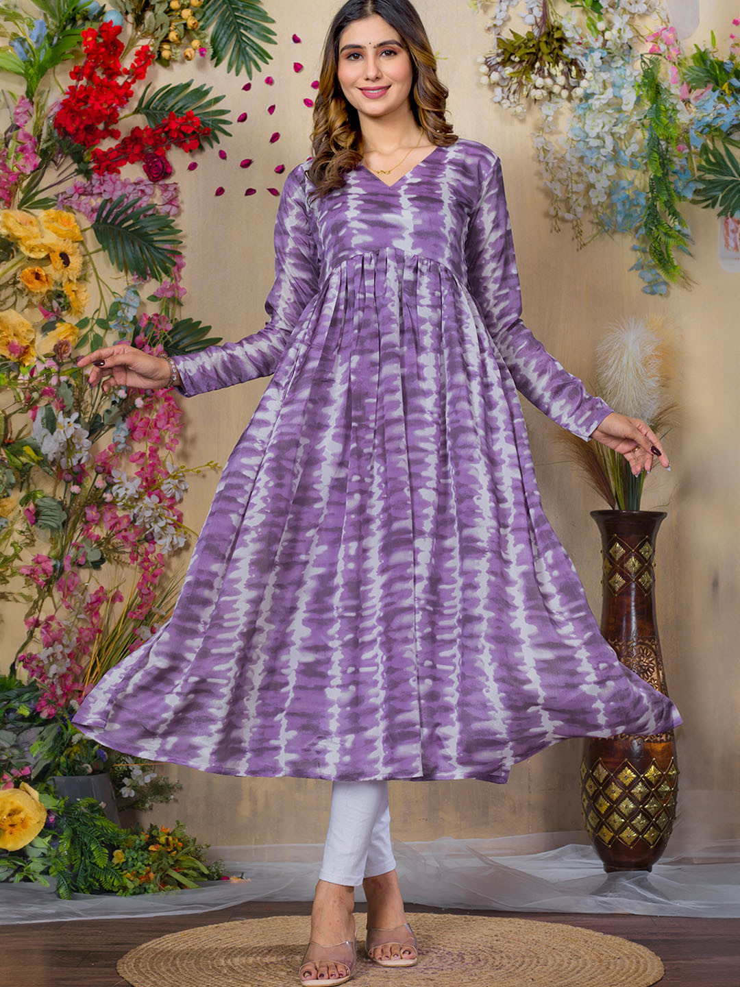 Sun Fashion And Lifestyle Shibori Printed Empire V-Neck A-Line Kurta