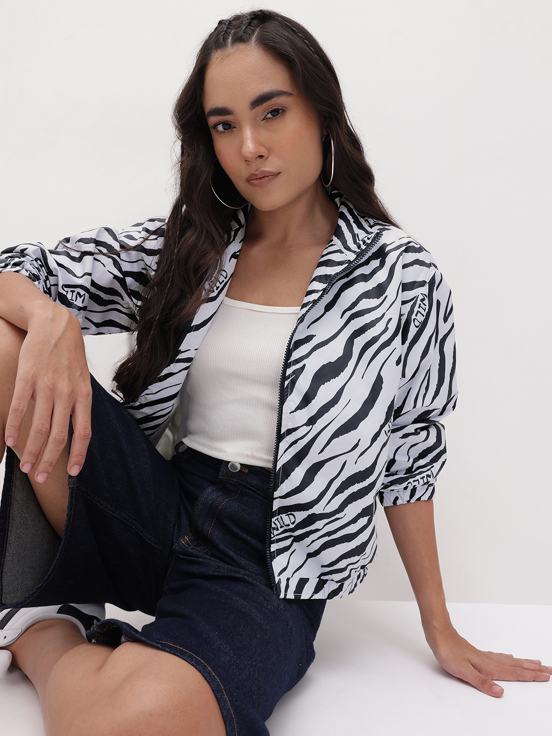 The Roadster Life Co. Zebra Print Mock Collar Crop Bomber Jacket