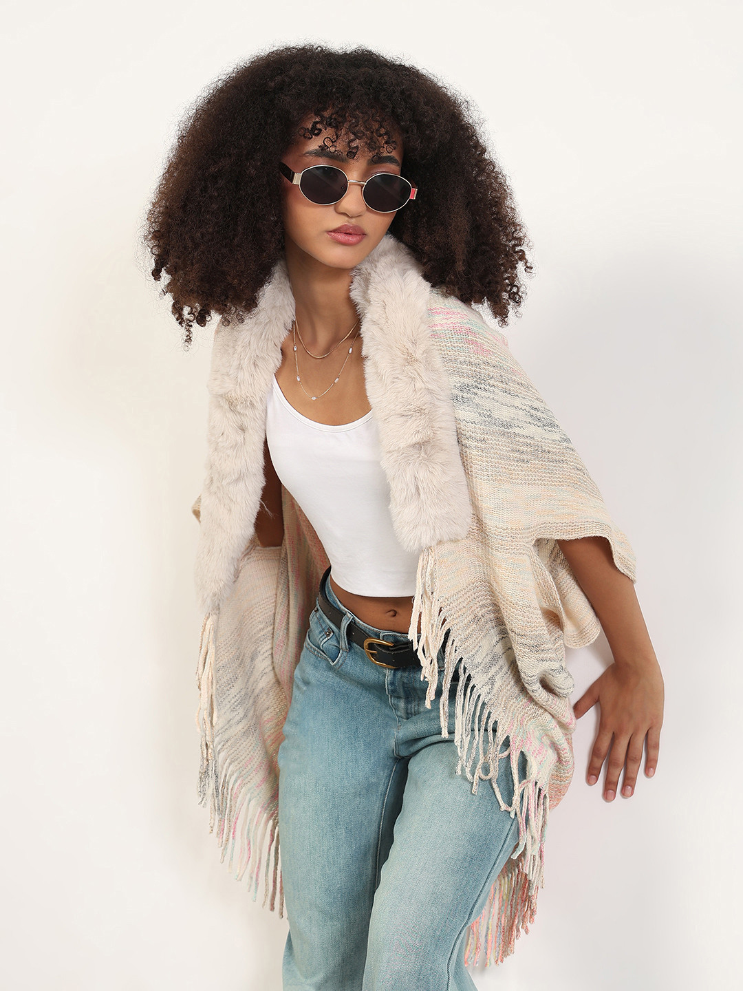 SHOWOFF Women Shawl Collar Poncho with Fringed Detail