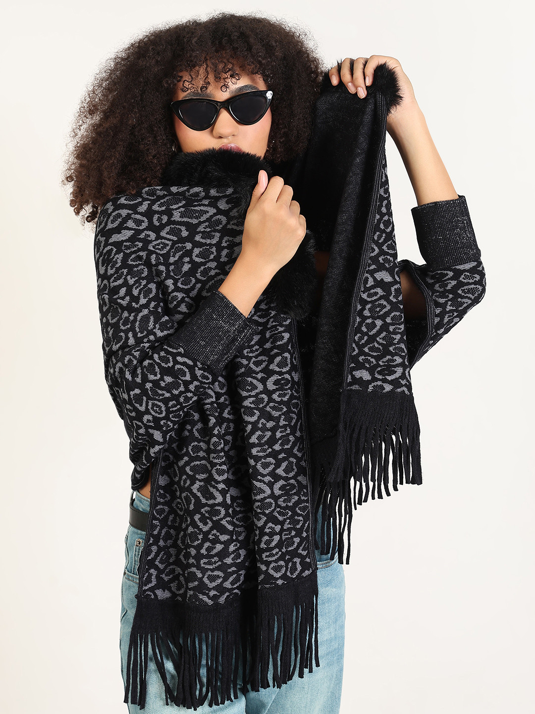SHOWOFF Women Animal Poncho Long Sleeves With Fuzzy Detail