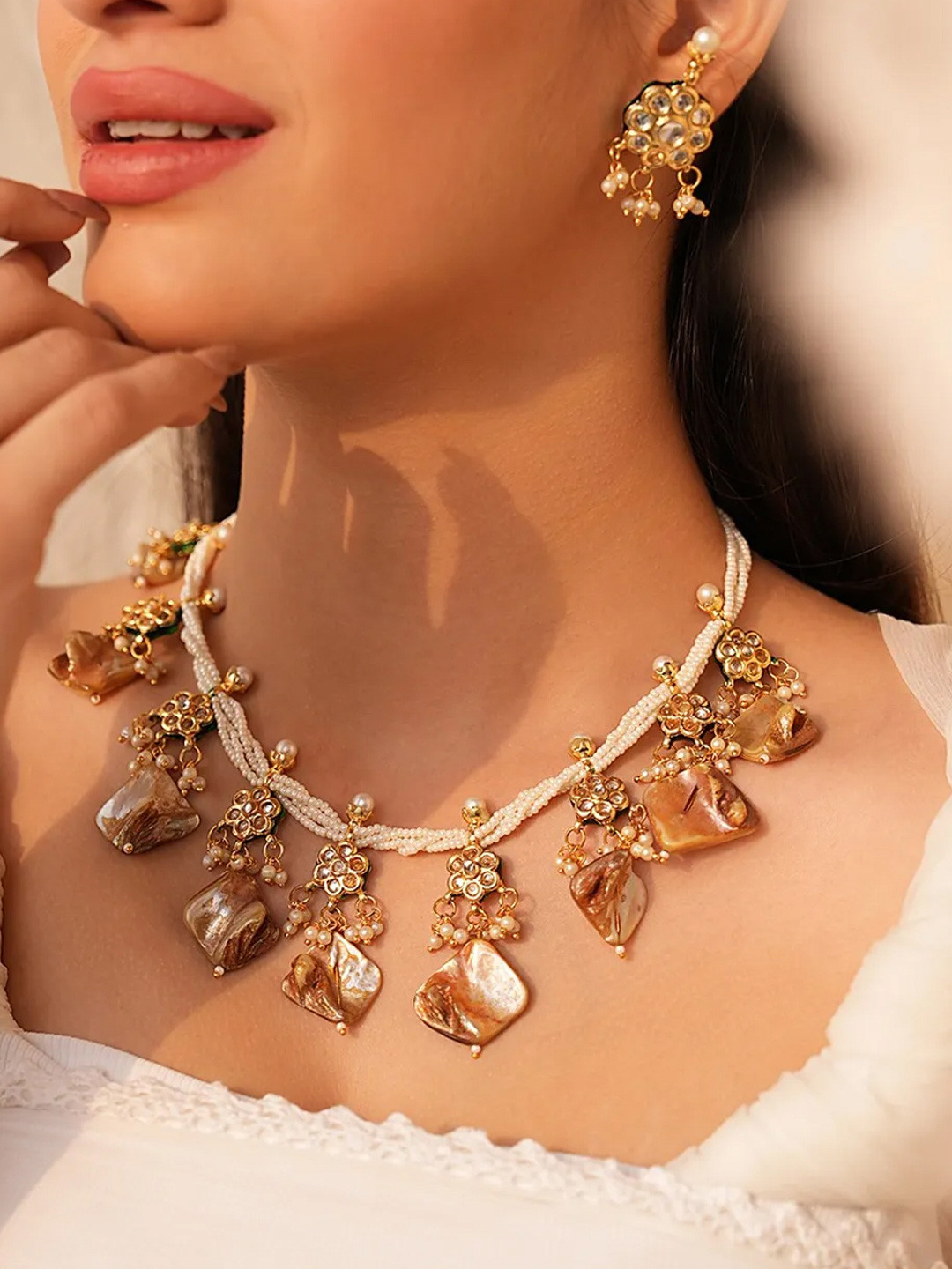 Binnis Wardrobe Artificial Stone Studded & Pearl Beaded Necklace With Earrings