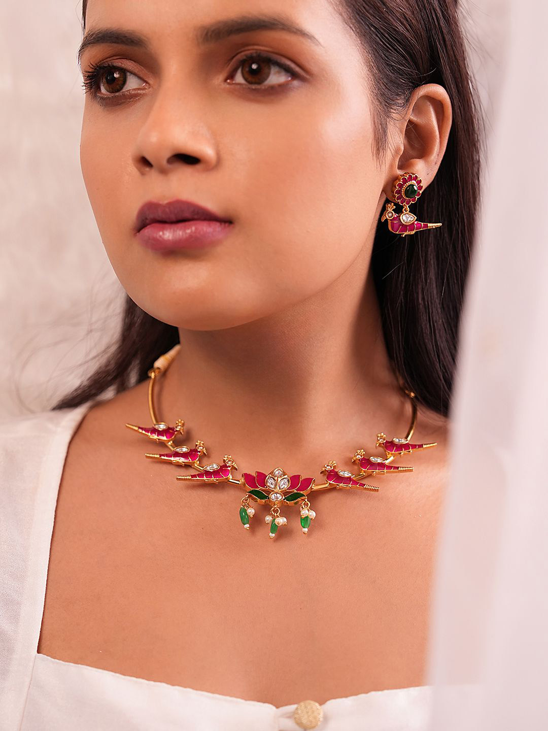 Binnis Wardrobe Gold Plated Kundan Studded & Beaded Bird Hasuli Necklace With Earrings