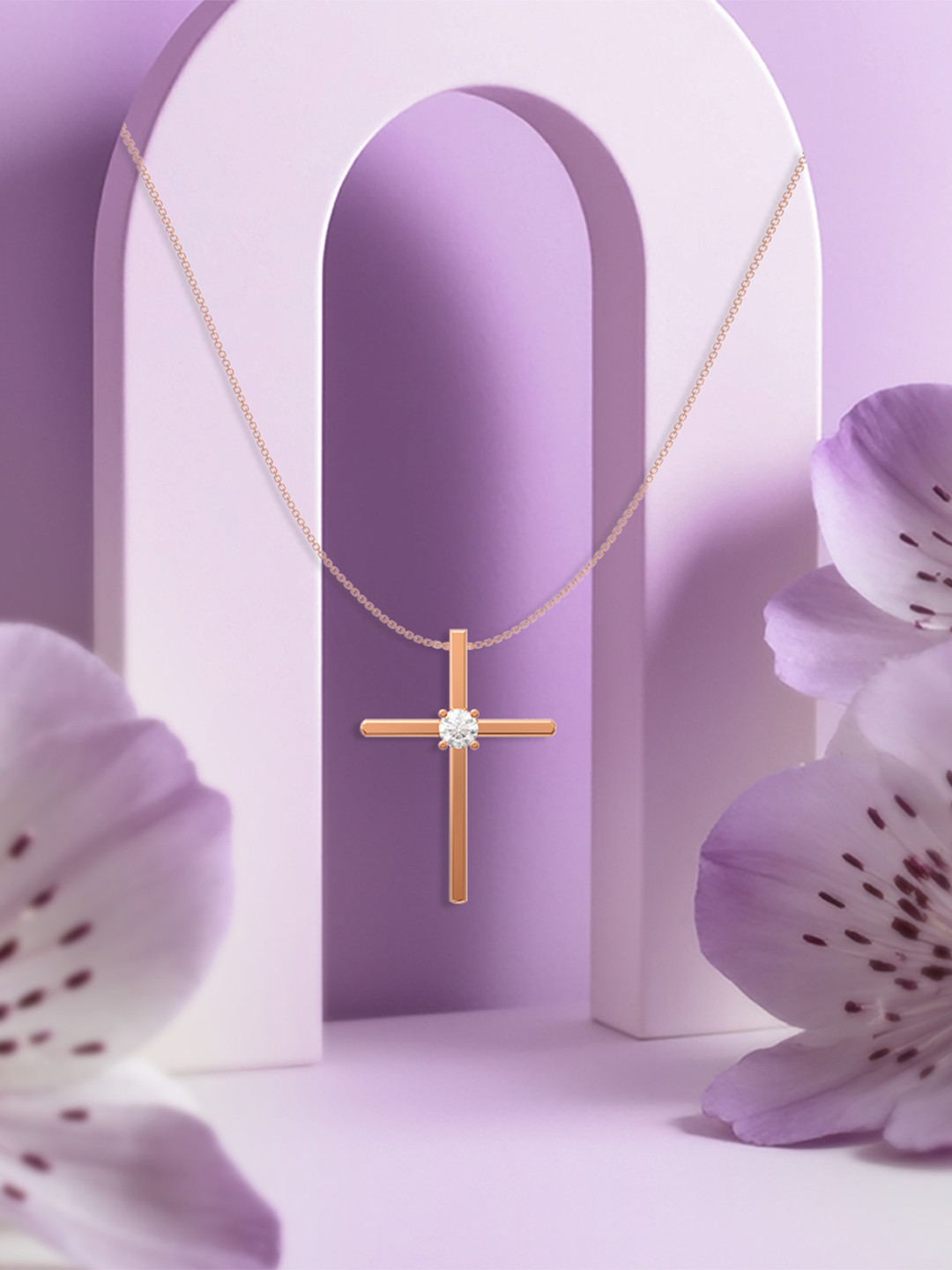 ANAYRA Men Sterling Silver Rose Gold-Plated Artificial Stones Cross Pendant With Chain