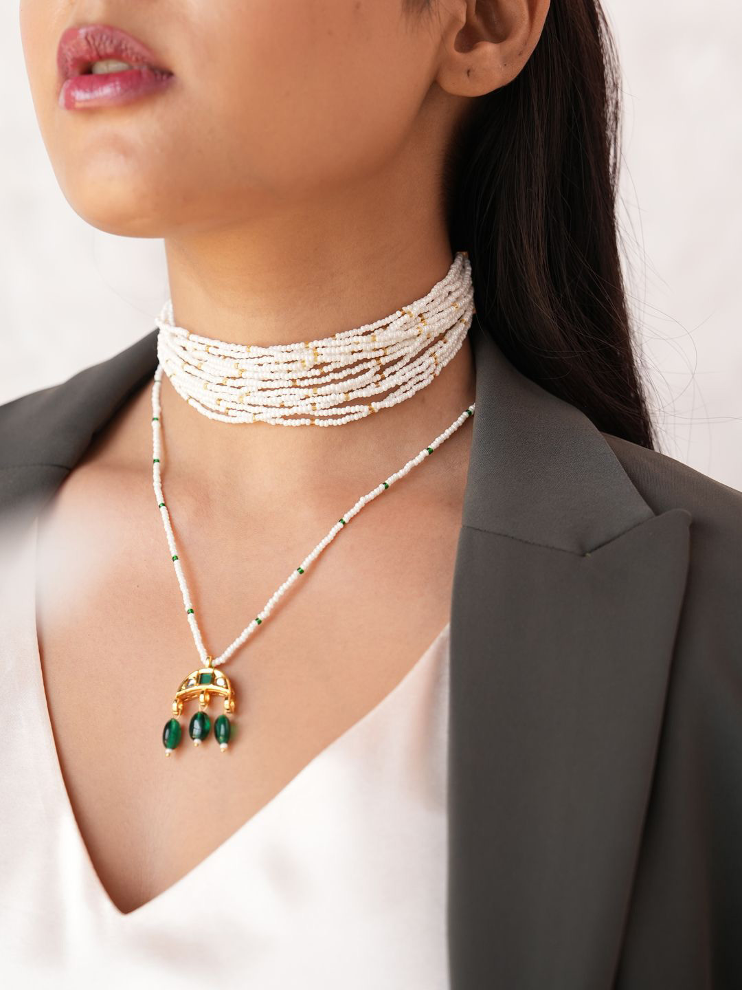 Binnis Wardrobe Stone Studded & Beaded Choker and Crescent Pendant Necklace