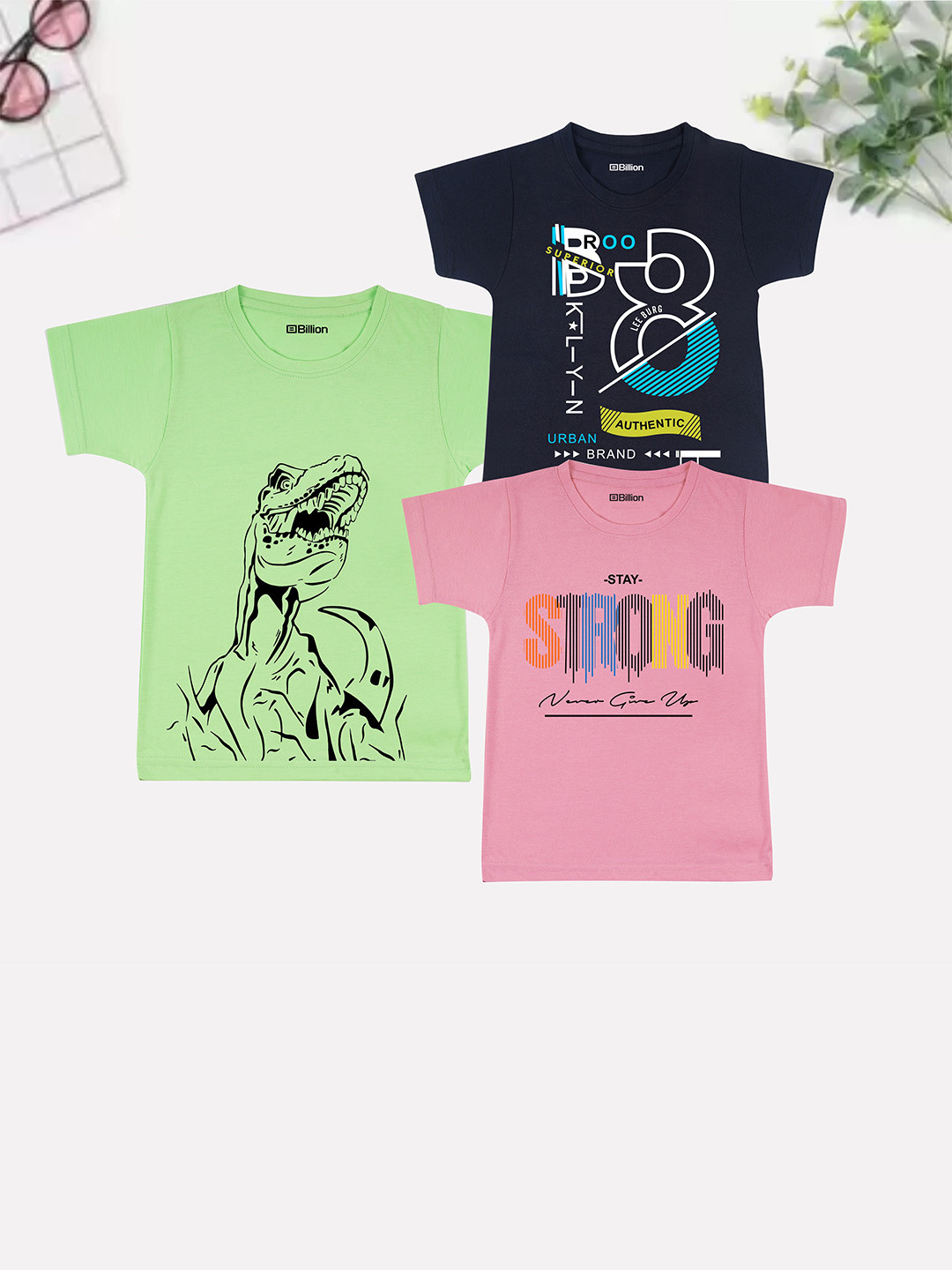 Billion Boys Pack of 3 Bio Finish Graphic Printed Round Neck Cotton T-shirts