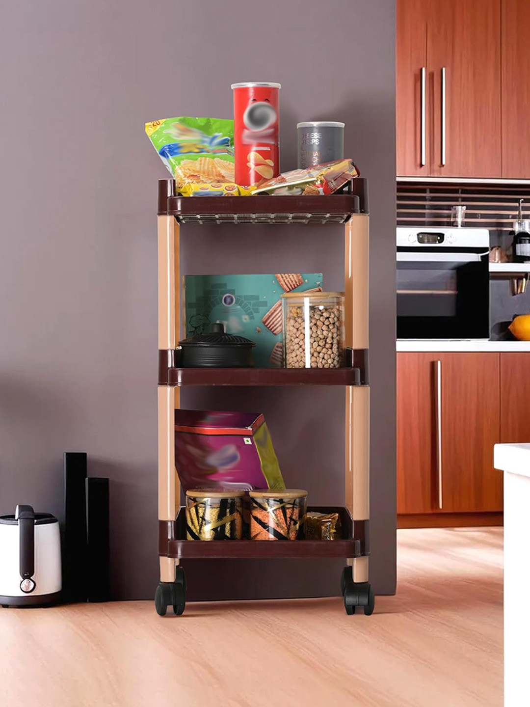 Aura Brown & Black 3-Layer Office Storage Trolley Rack With Wheels
