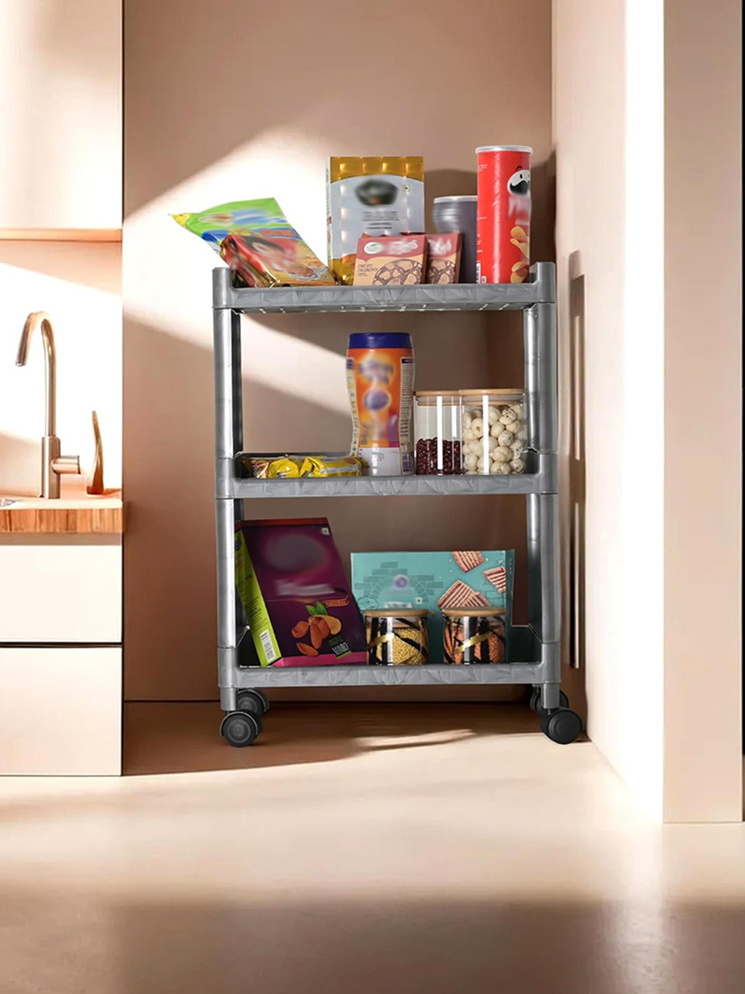 Aura Grey & Black 3-Layer Storage Trolley Rack With Wheels